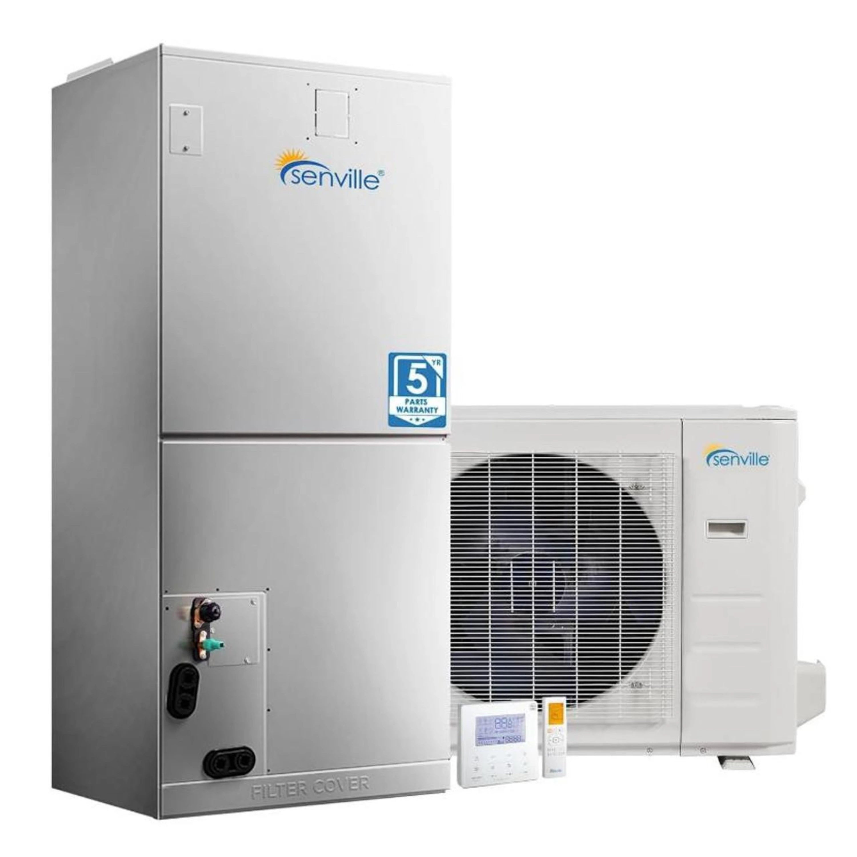 Senville heat pump condenser with ducted air handler and control modules