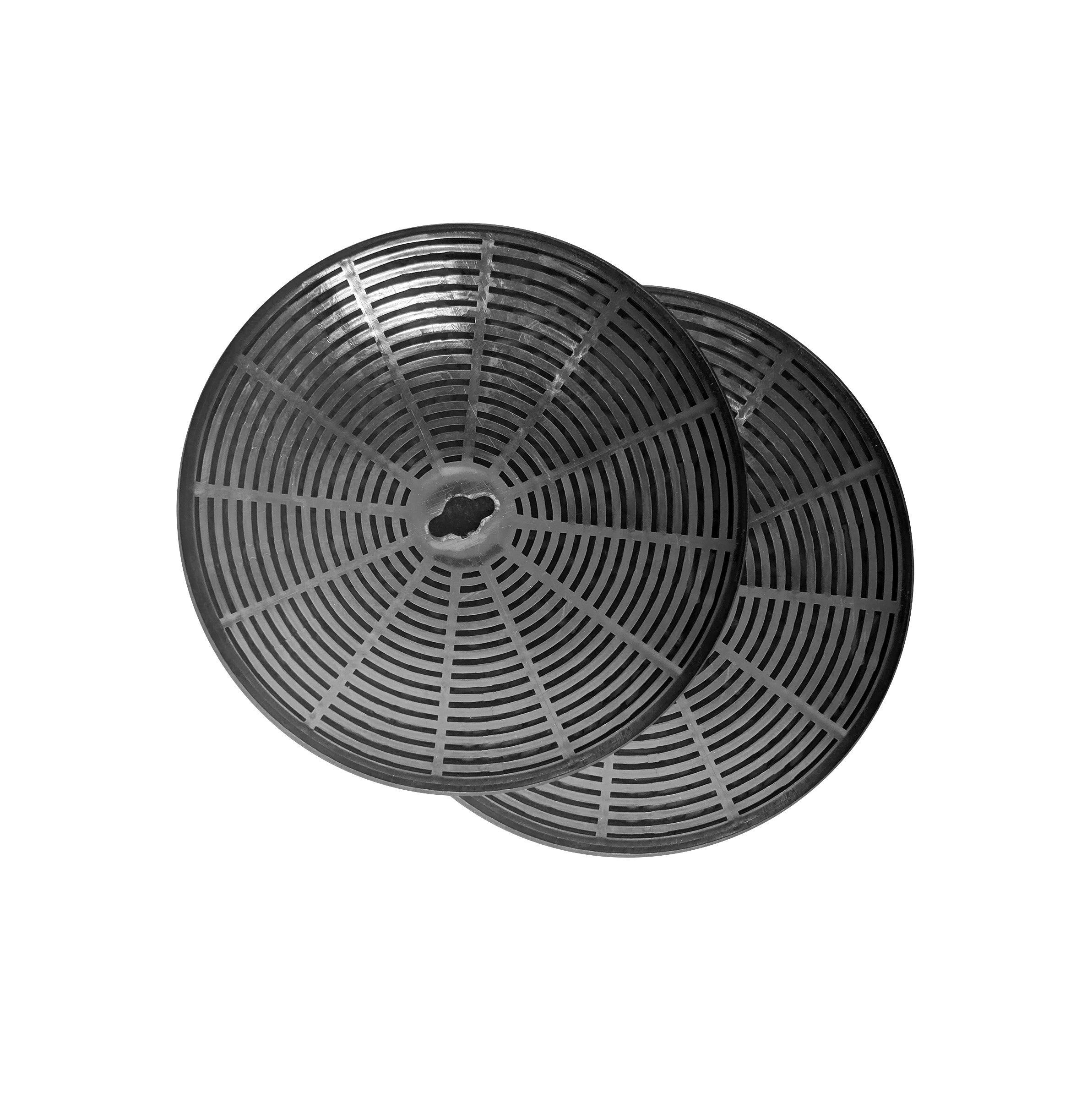 Charcoal range hood filter, two round fans with radial vent slots, dark gray