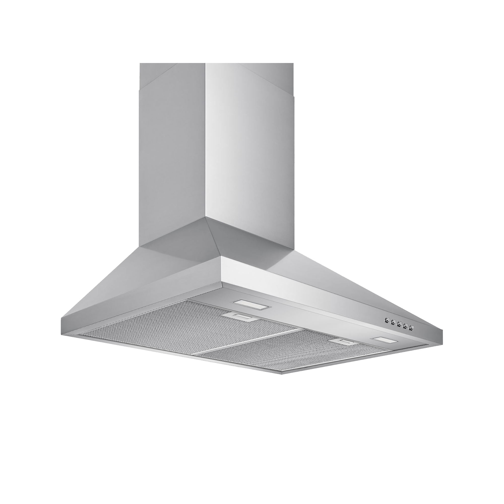 Stainless steel wall mount range hood with vented mesh filters and control panel