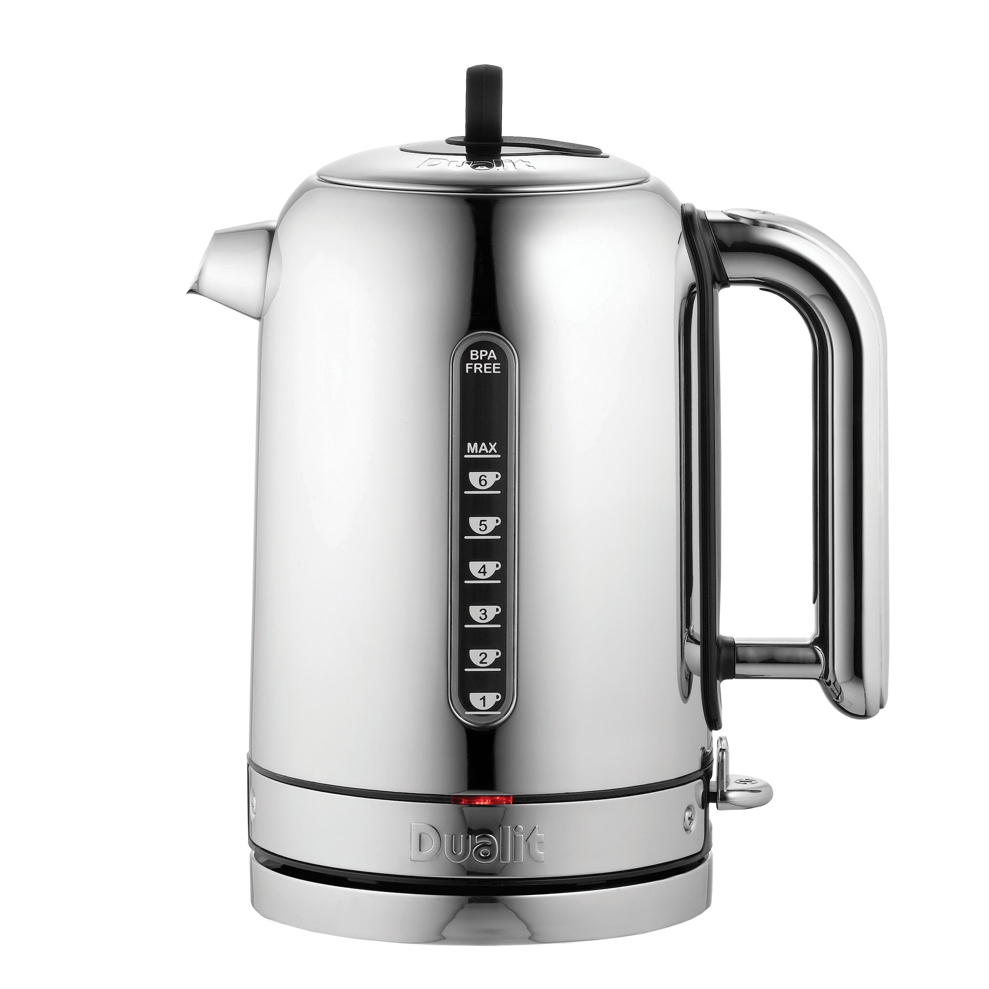 Polished chrome electric kettle with side handle and black water level gauge window.