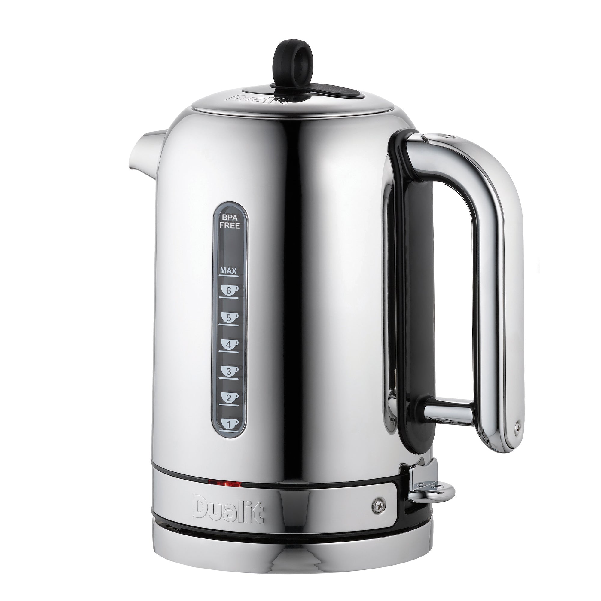 Front view of polished chrome electric kettle with spout cover and side-mounted handle.