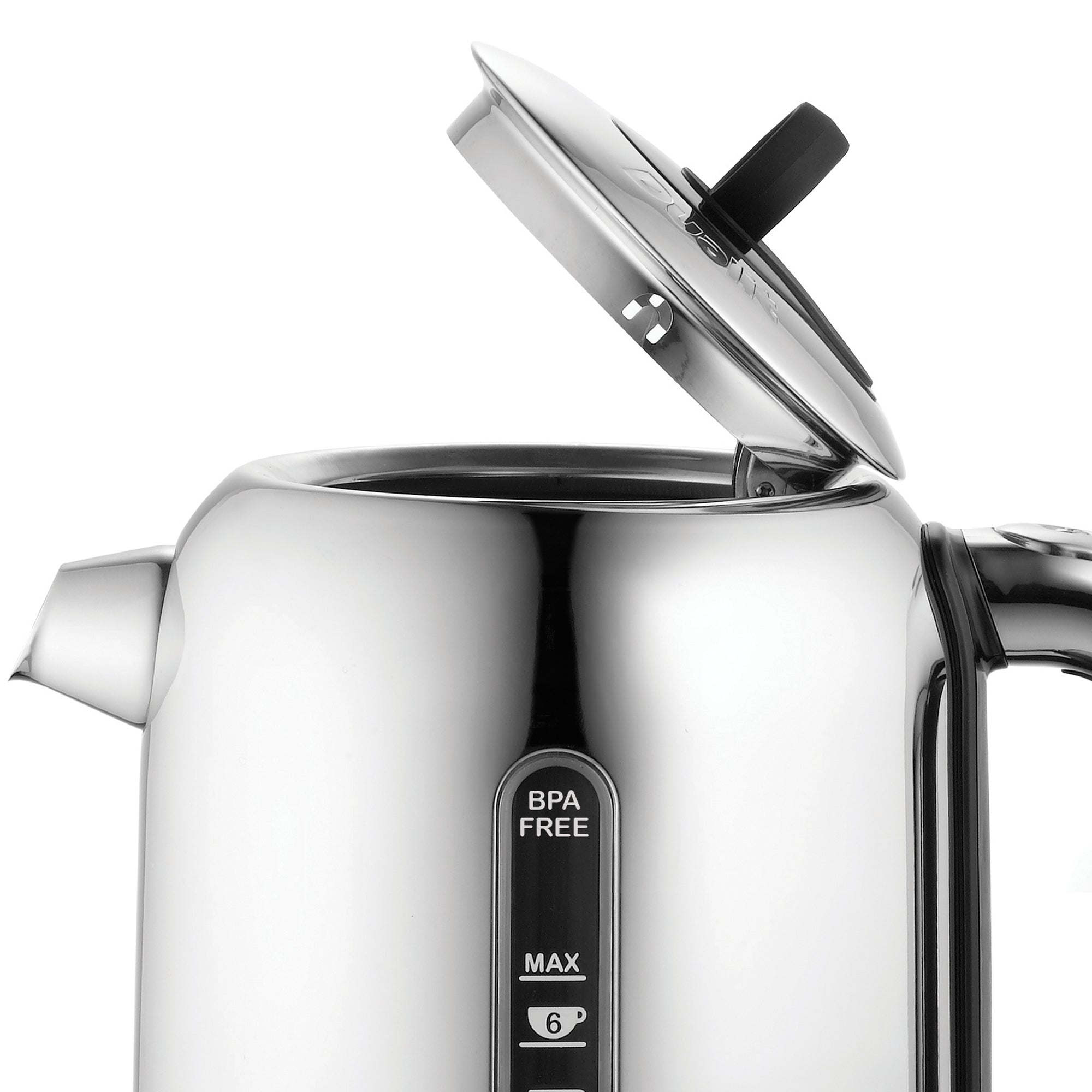 Dualit polished chrome electric kettle with black lid handle and water level gauge.