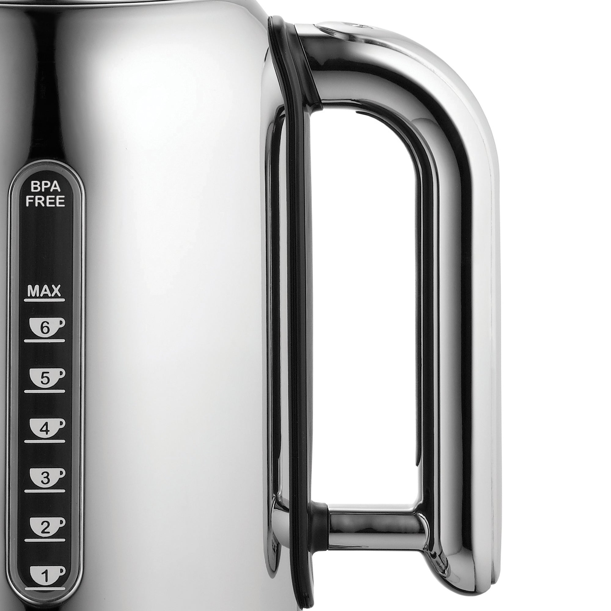 Dualit polished chrome electric kettle with black handle and front water level markings.
