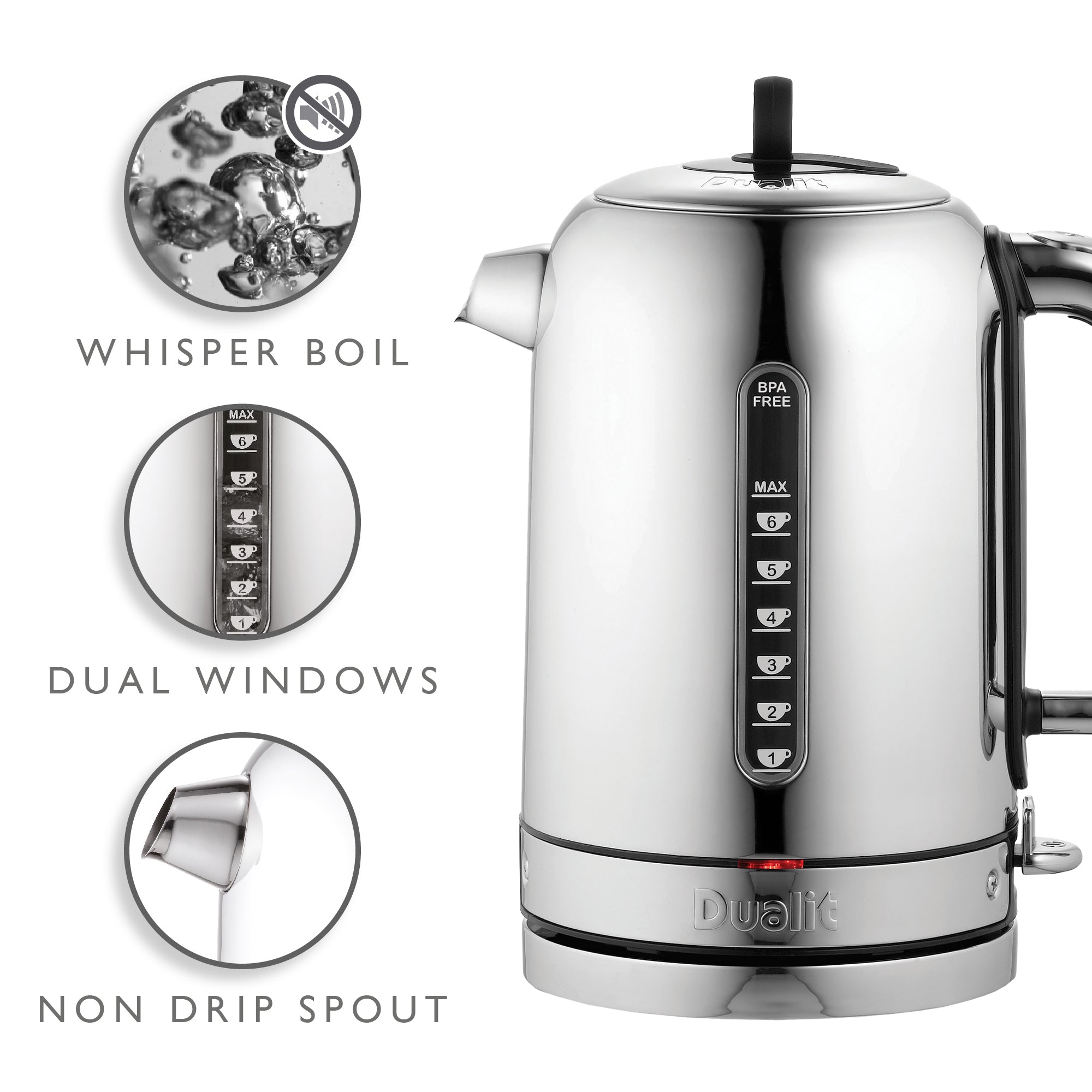 Dualit polished chrome electric kettle with black lid, spout, and water level window.