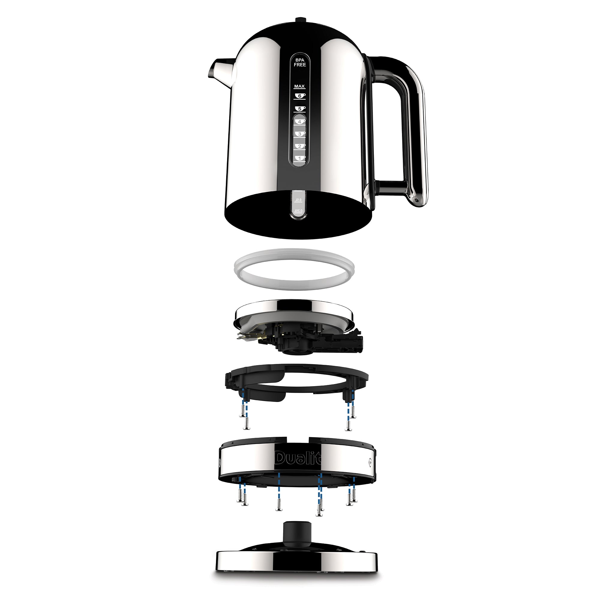 Dualit polished chrome electric kettle parts diagram with lid, base, and heating assembly.