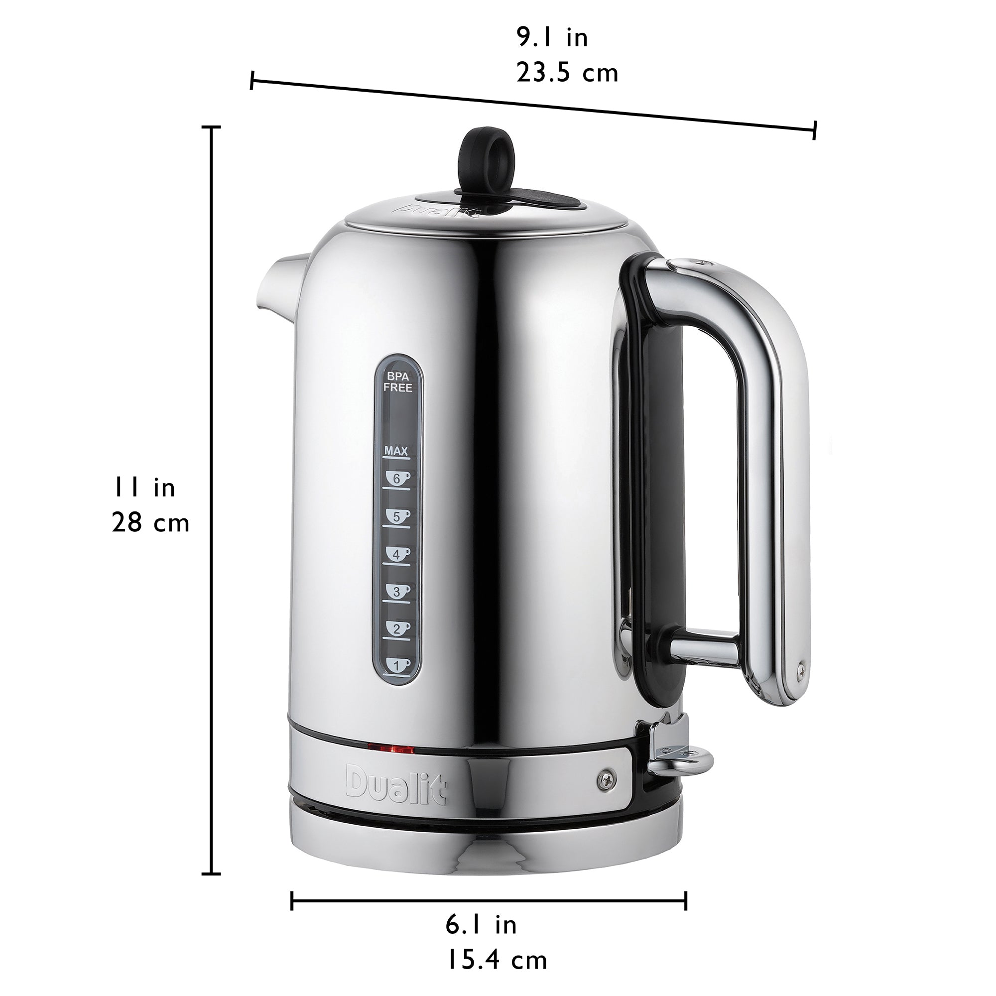 Dualit polished chrome electric kettle with black lid and handle, shown with size measurements.