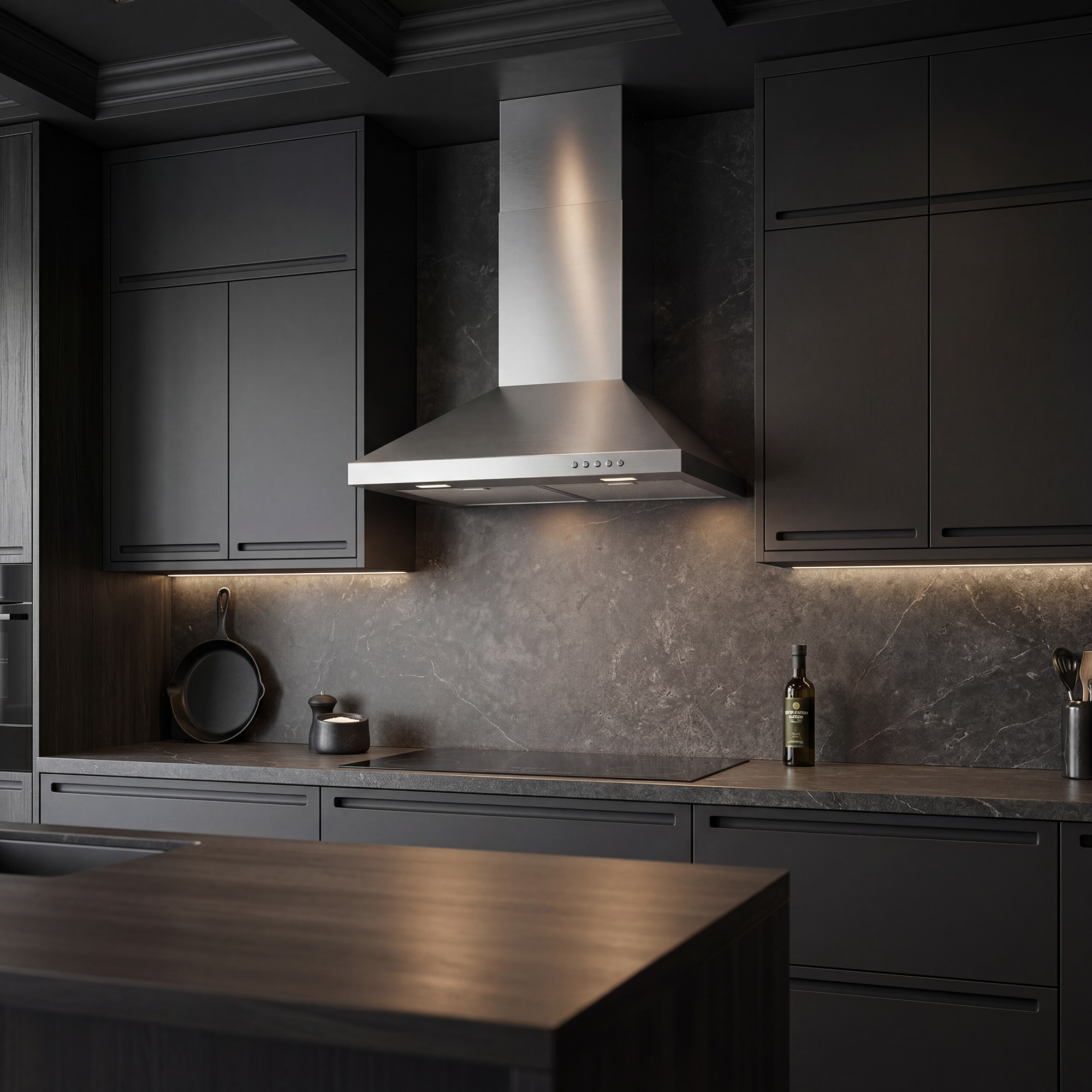 Stainless steel chimney wall range hood with mesh filters and LED light