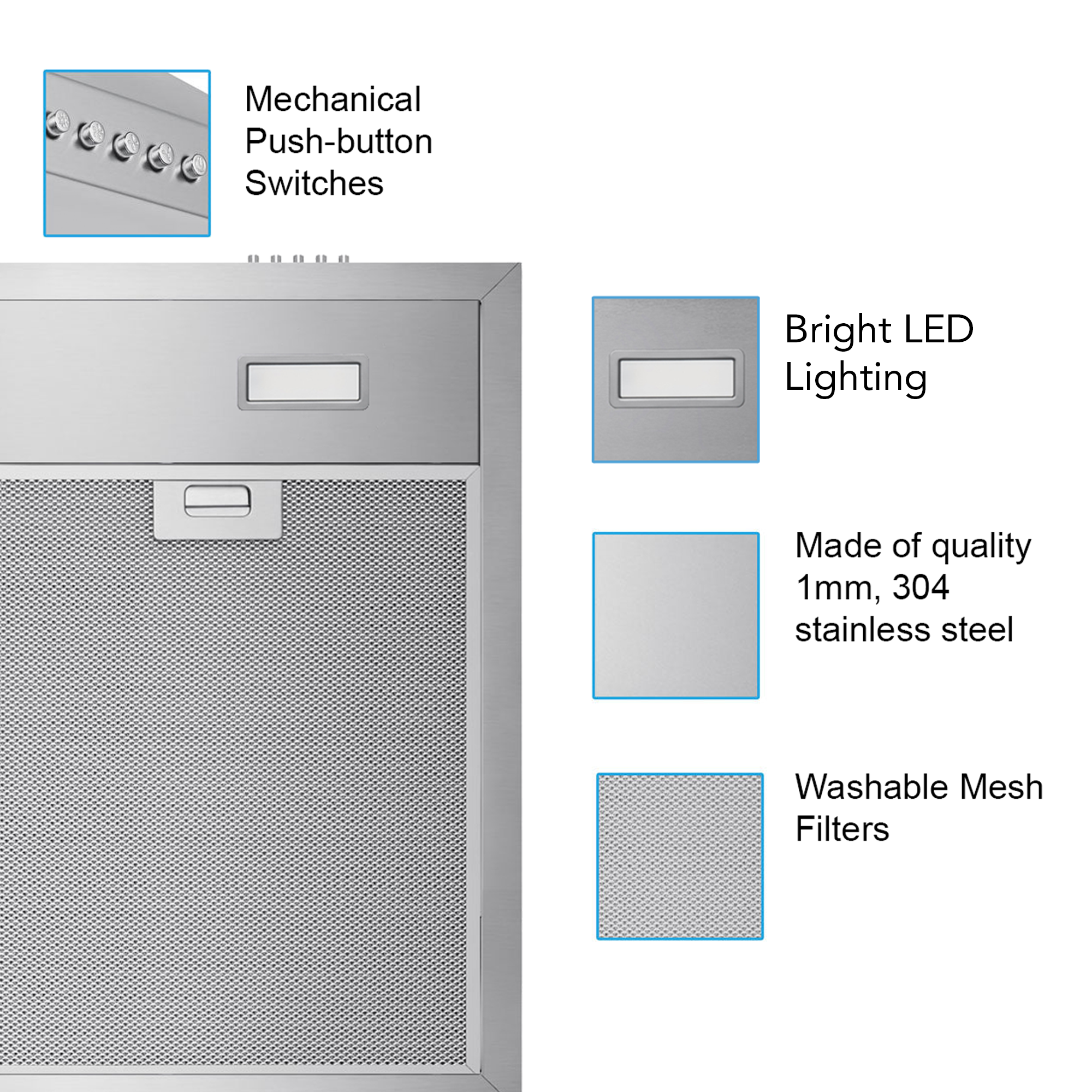 Stainless steel range hood underside with push buttons and mesh filter panels