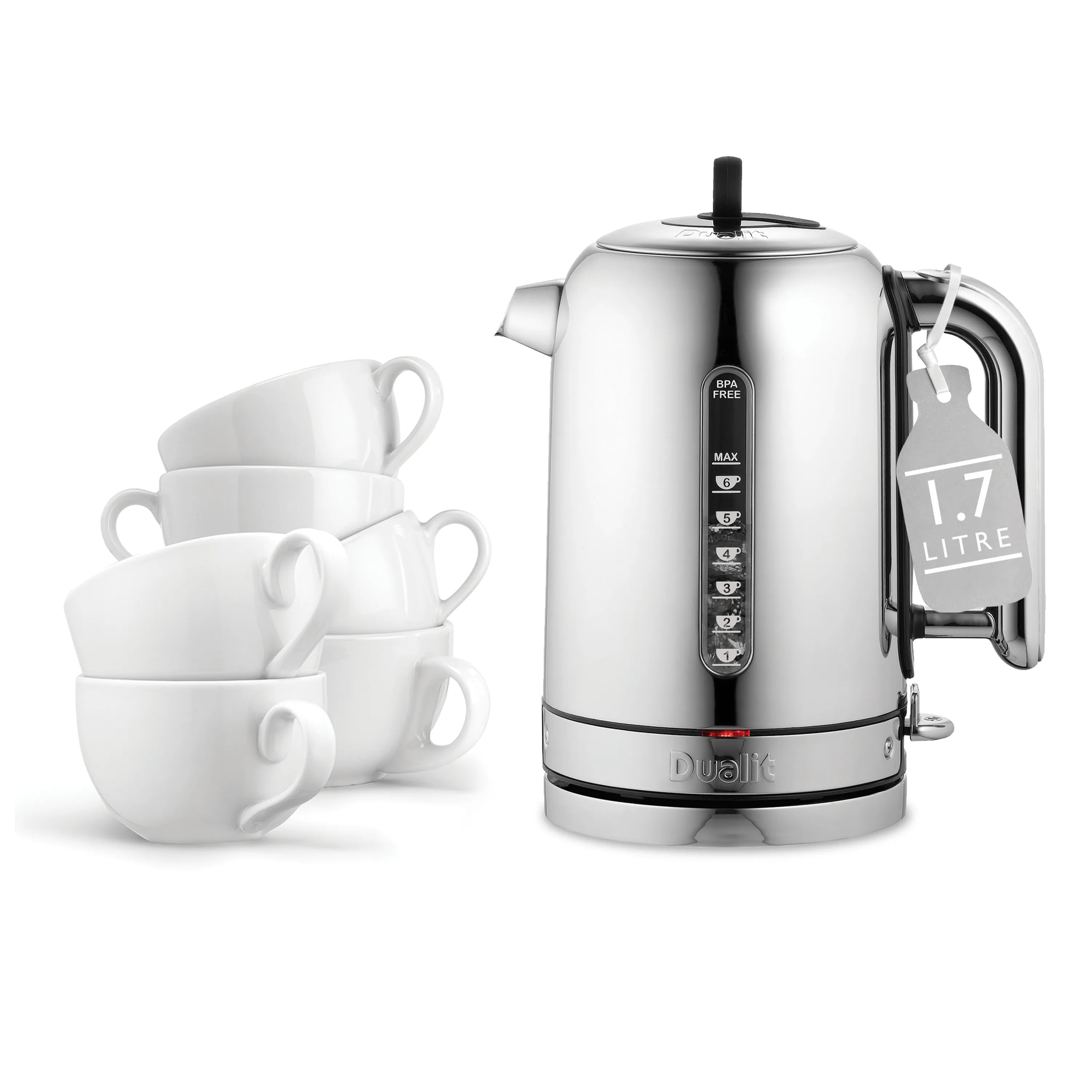 Polished chrome electric kettle with black top knob and pour spout, plus white cups.