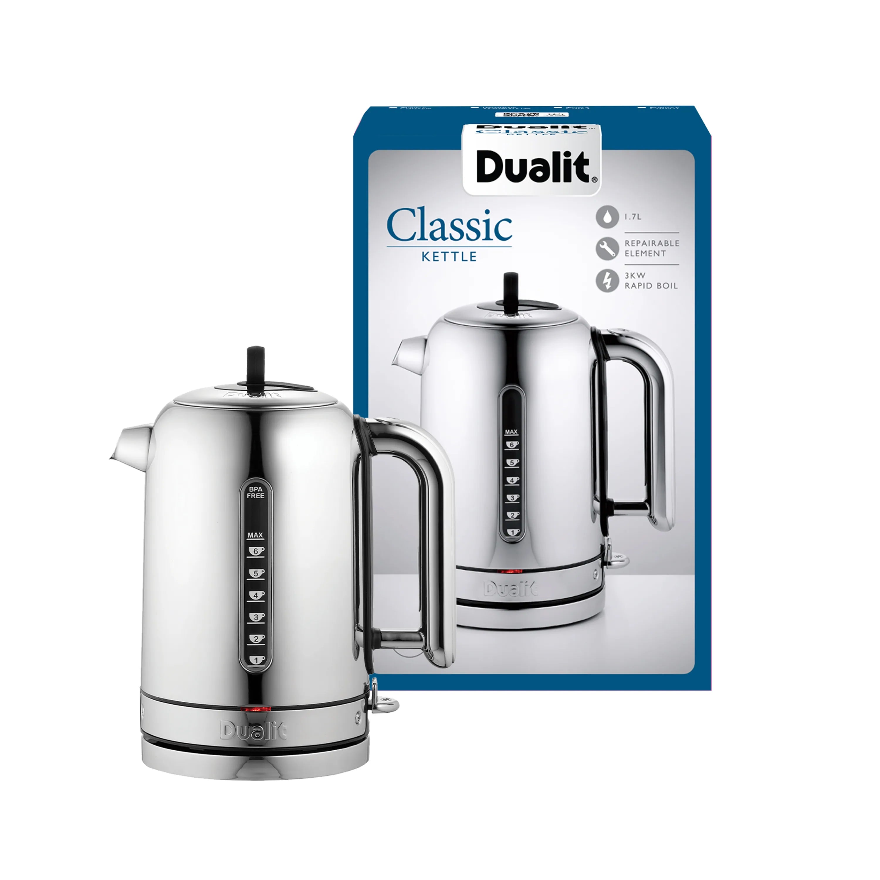 Polished chrome Dualit Classic electric kettle shown with box packaging and second kettle.