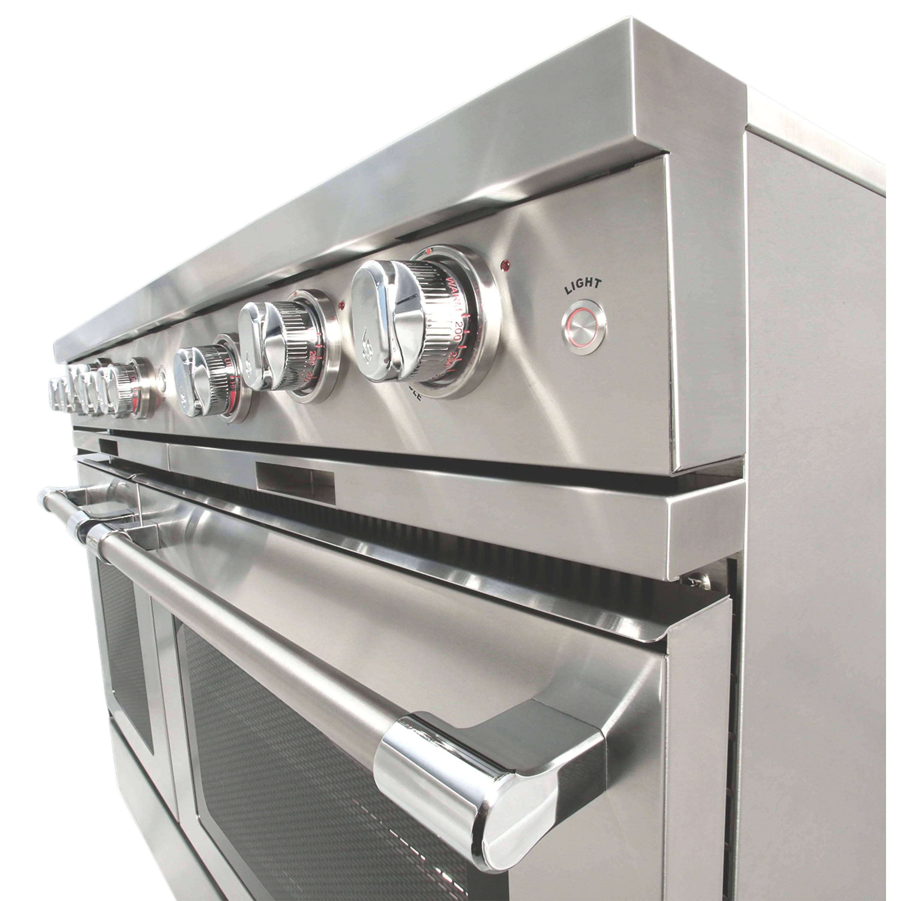 Stainless steel oven door with large handle and illuminated control panel