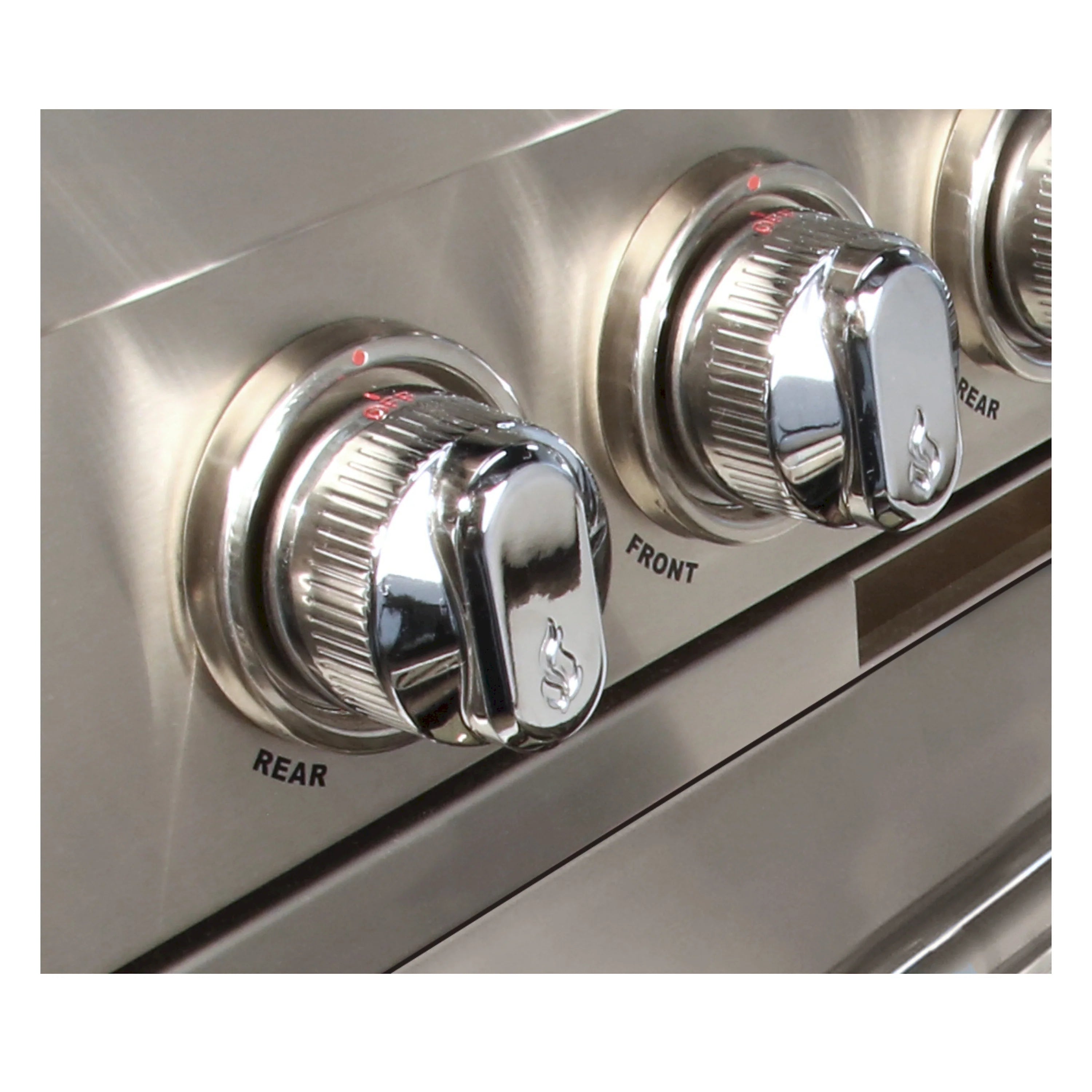 Close-up of stainless steel control knobs labeled Front and Rear