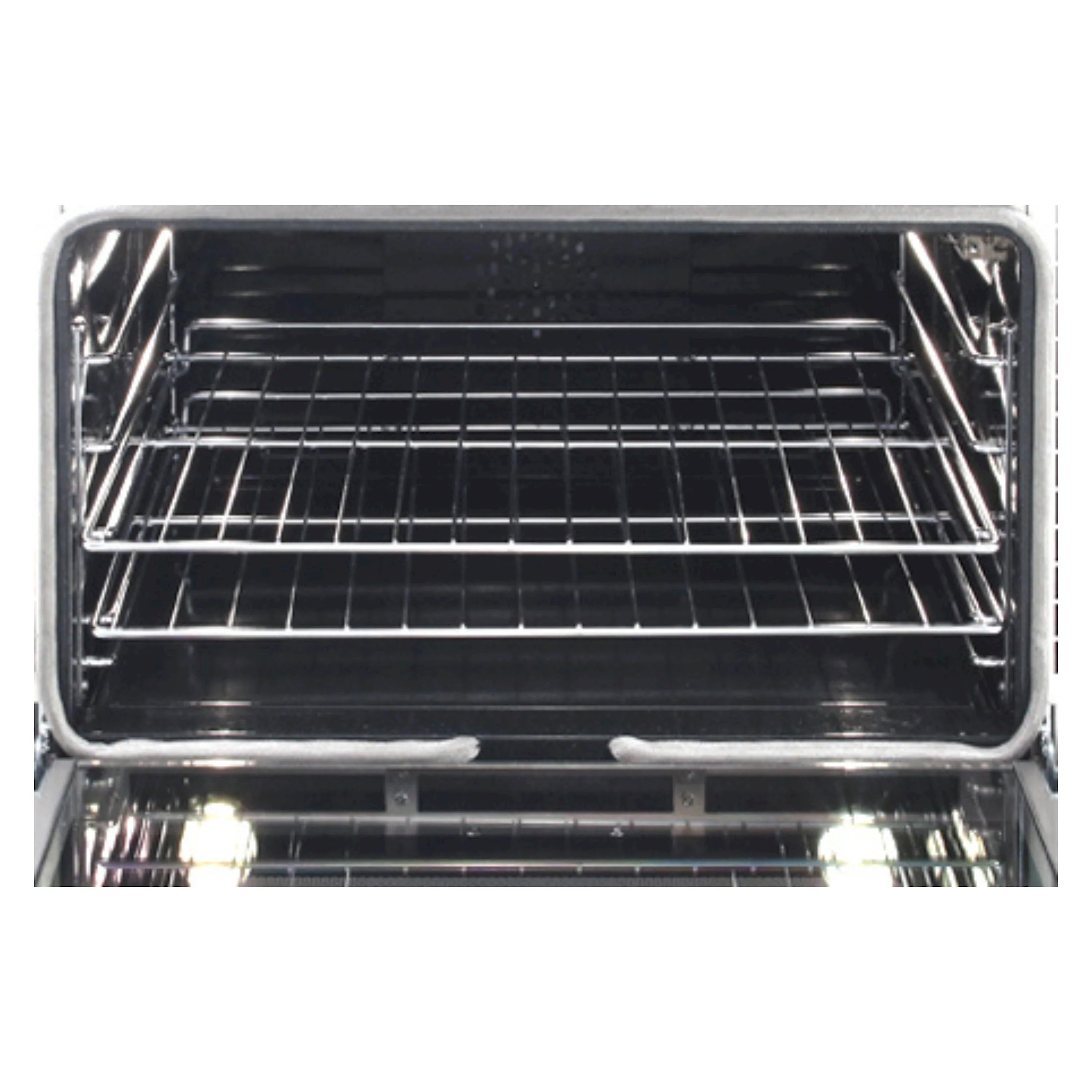 Empty oven chamber with wire rack inside stainless steel range