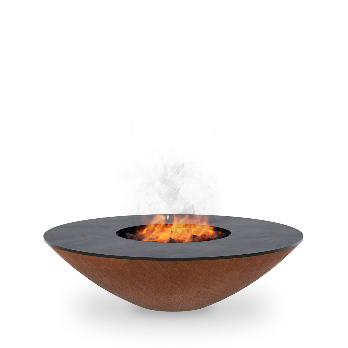 Round fire pit with dark flat top and visible flame in central opening