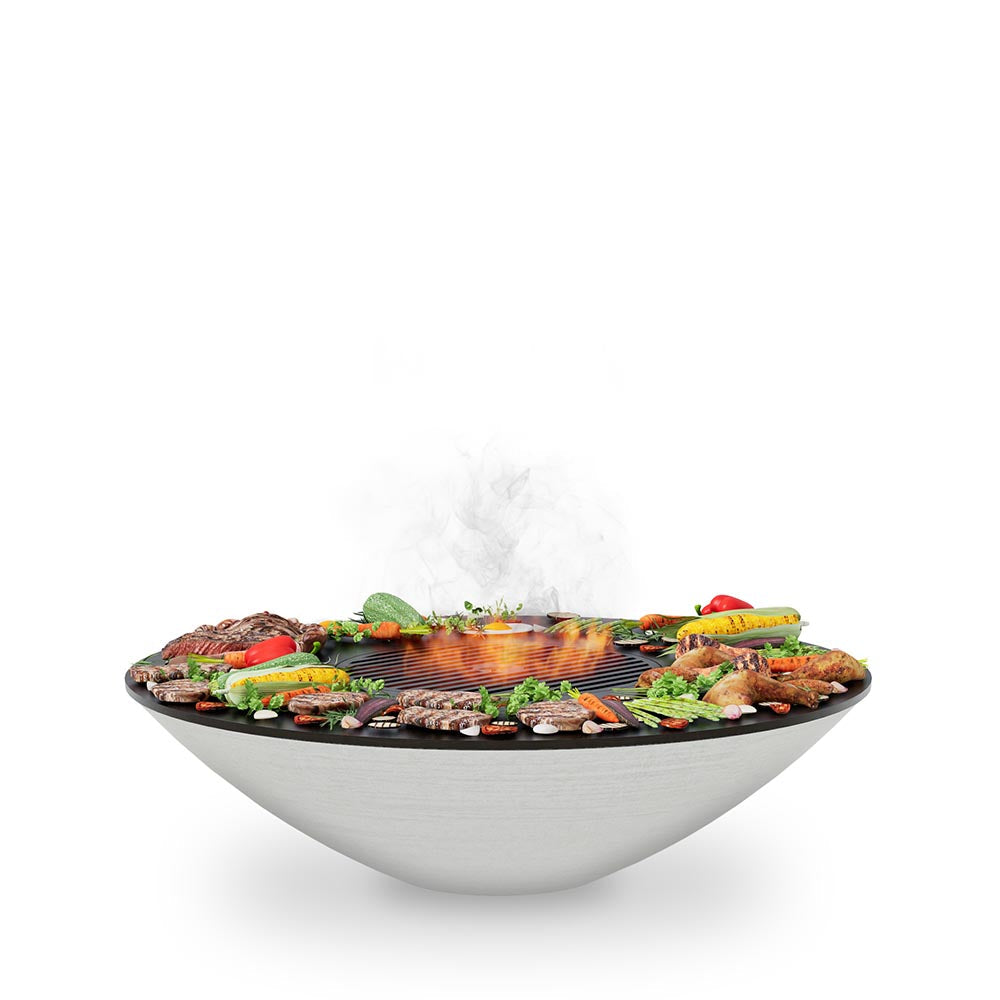 Stainless steel fire pit with circular cooktop and grill food, visible flames