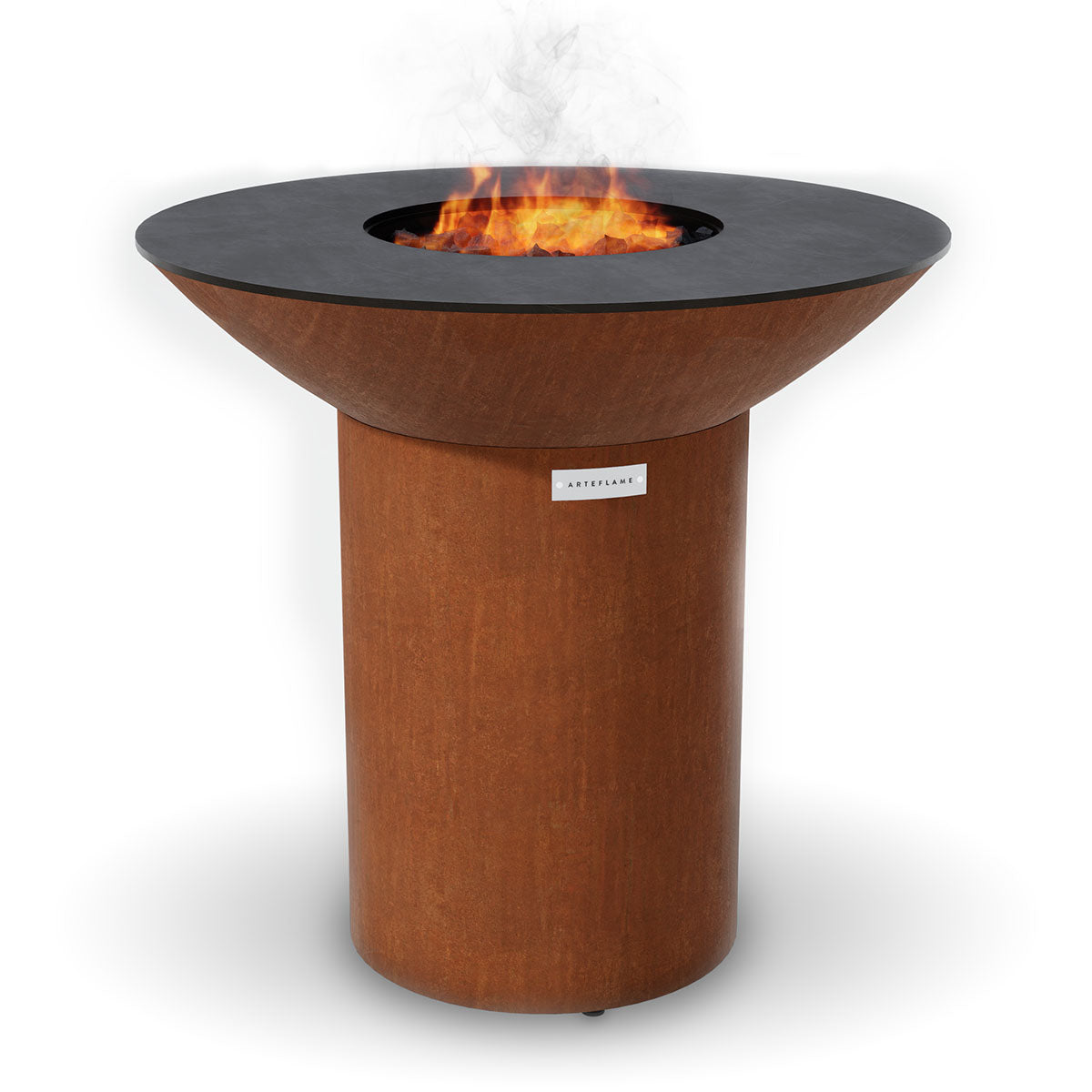 Round fire pit grill with dark cooktop plate and central fire opening