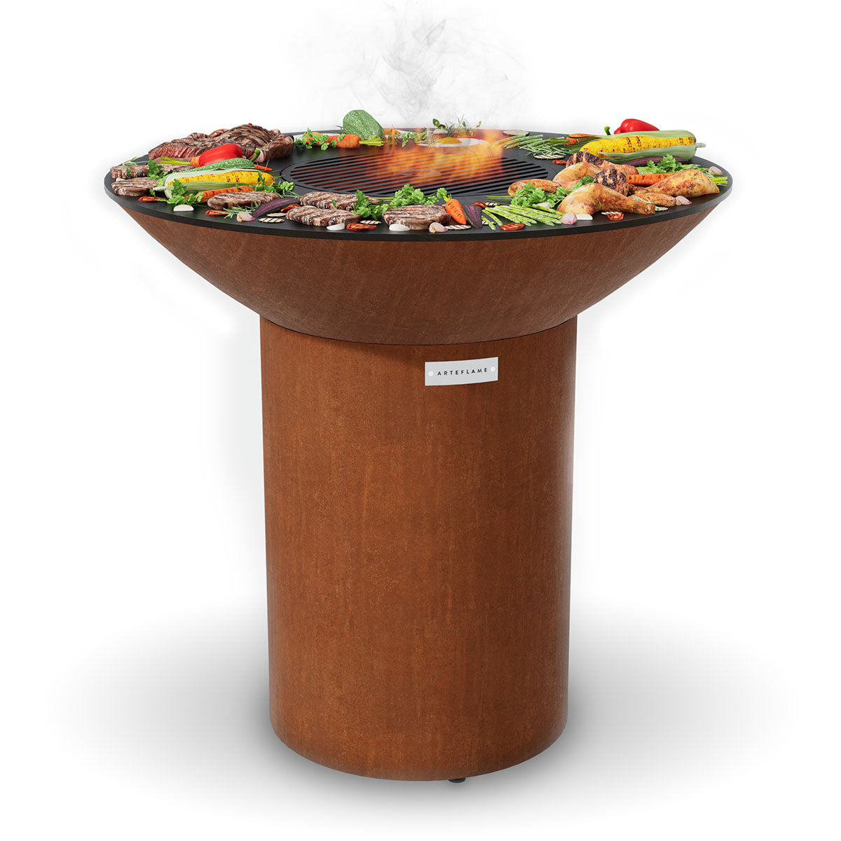 Round fire pit grill with carbon steel cooktop, cooking grate and food on top