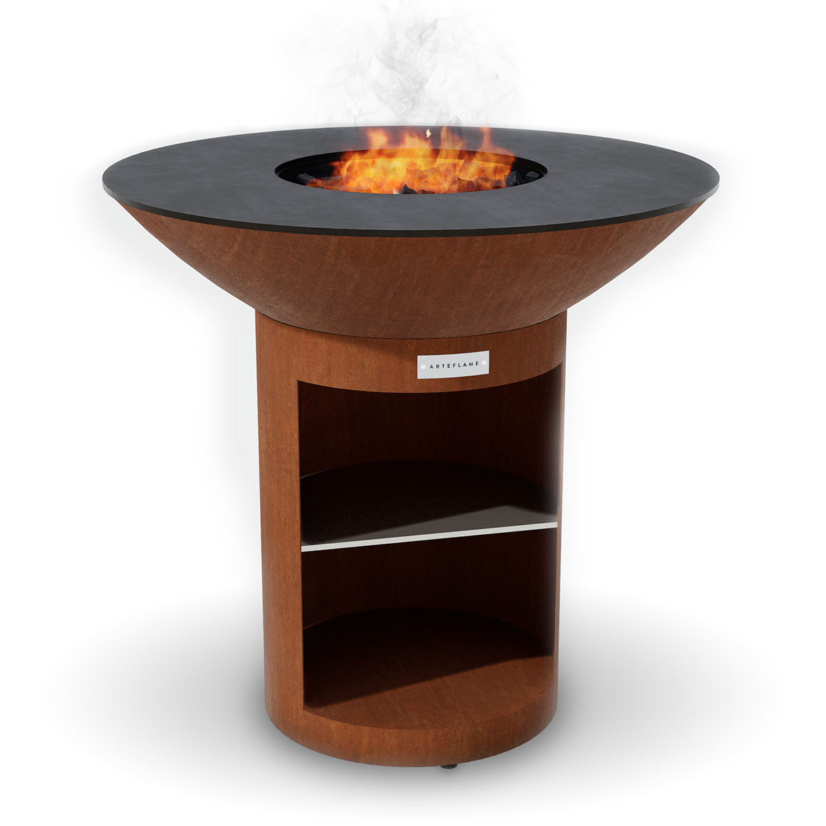 Corten round grill with storage base, open fire burning in center black fire bowl.