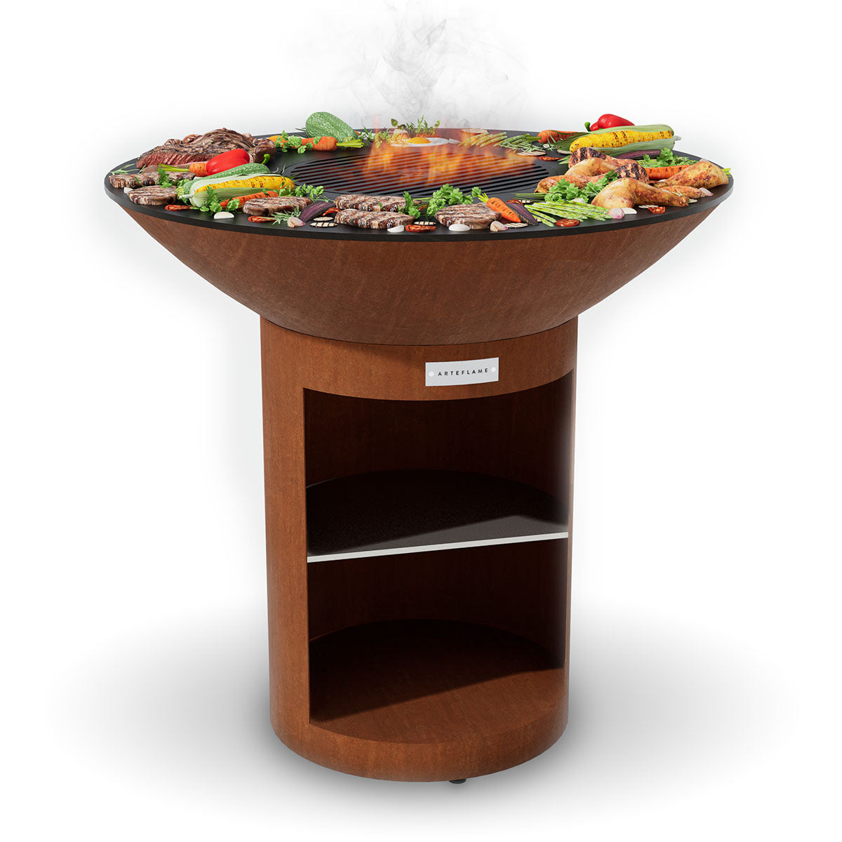 Corten round grill with storage base, filled with grilled food and vegetables on top.