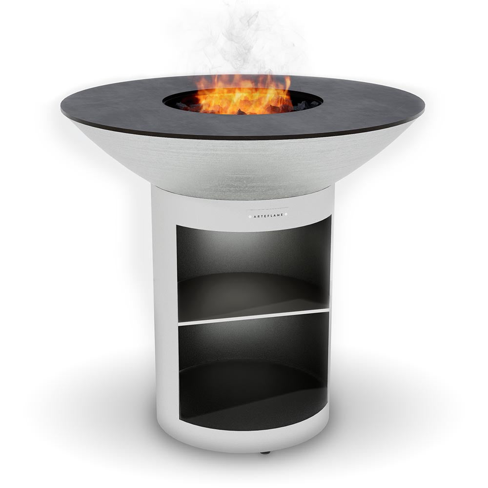 Stainless steel grill storage base with black cabinet interior and lit burner opening