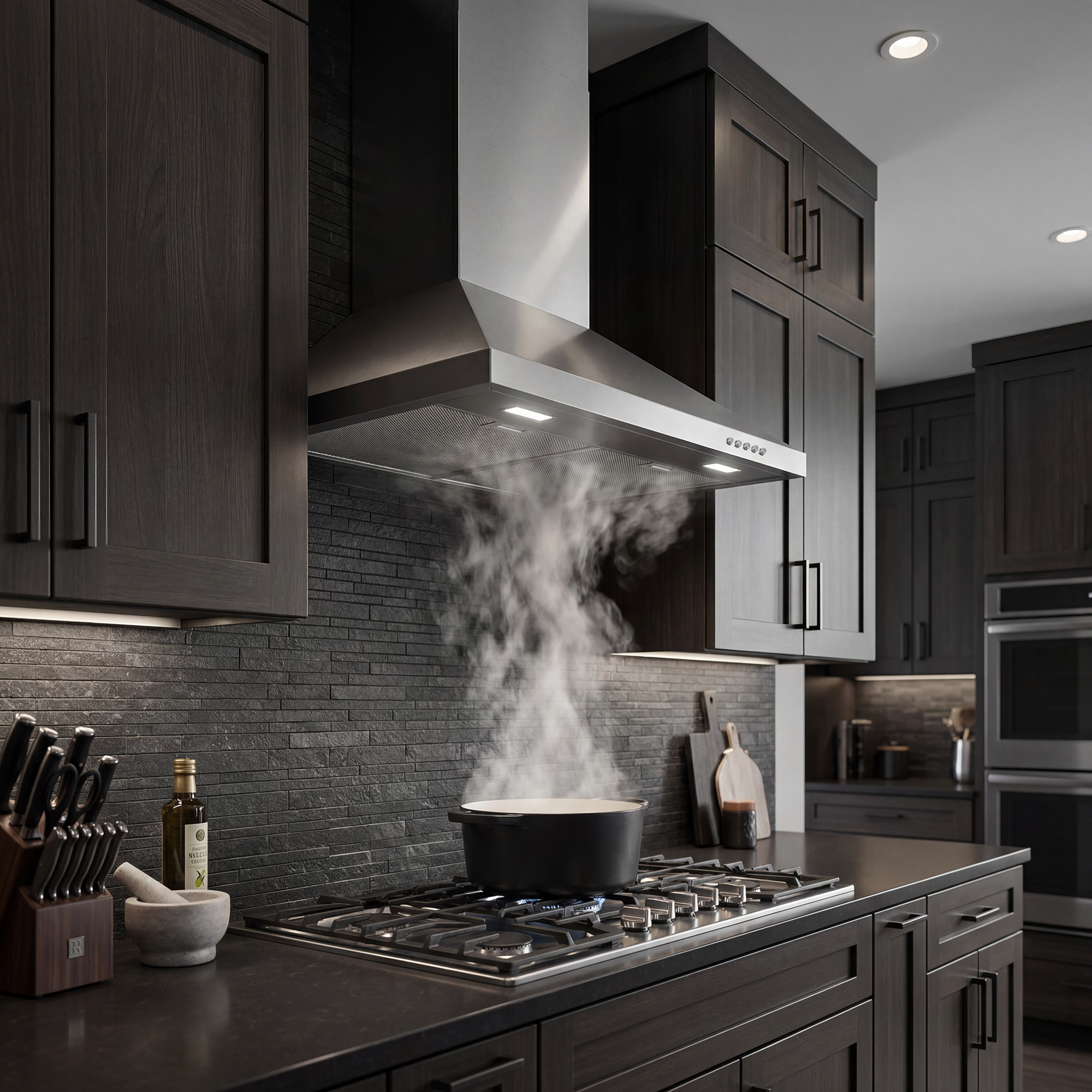 Stainless steel wall range hood above cooktop with glowing LED light strips