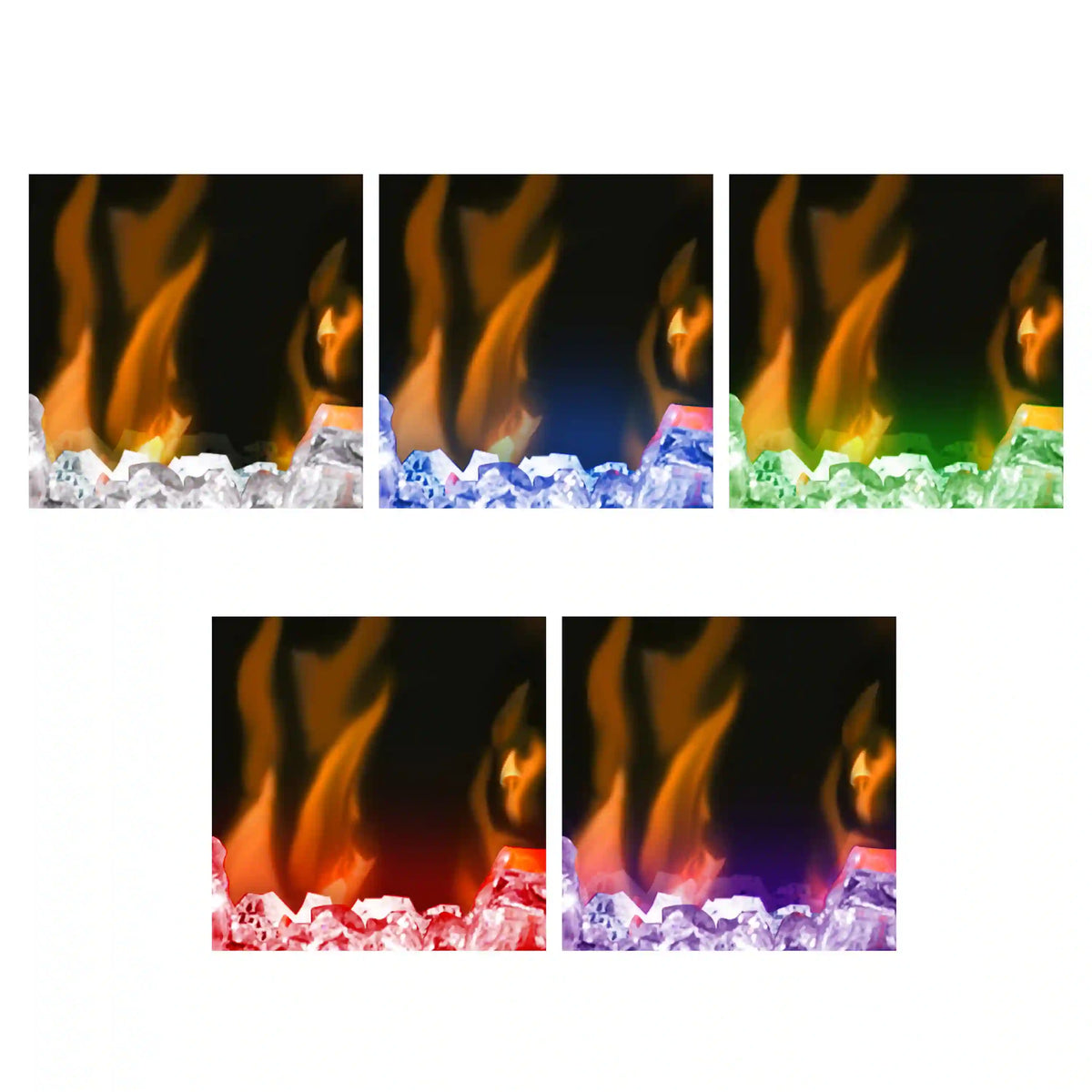 Electric fireplace flame effects color options in red, blue, green, and orange
