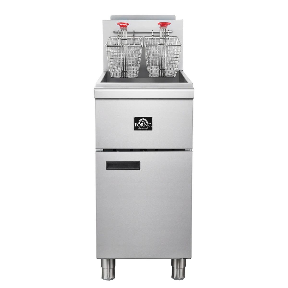 Commercial stainless gas deep fryer with three wire baskets and red handles, front view