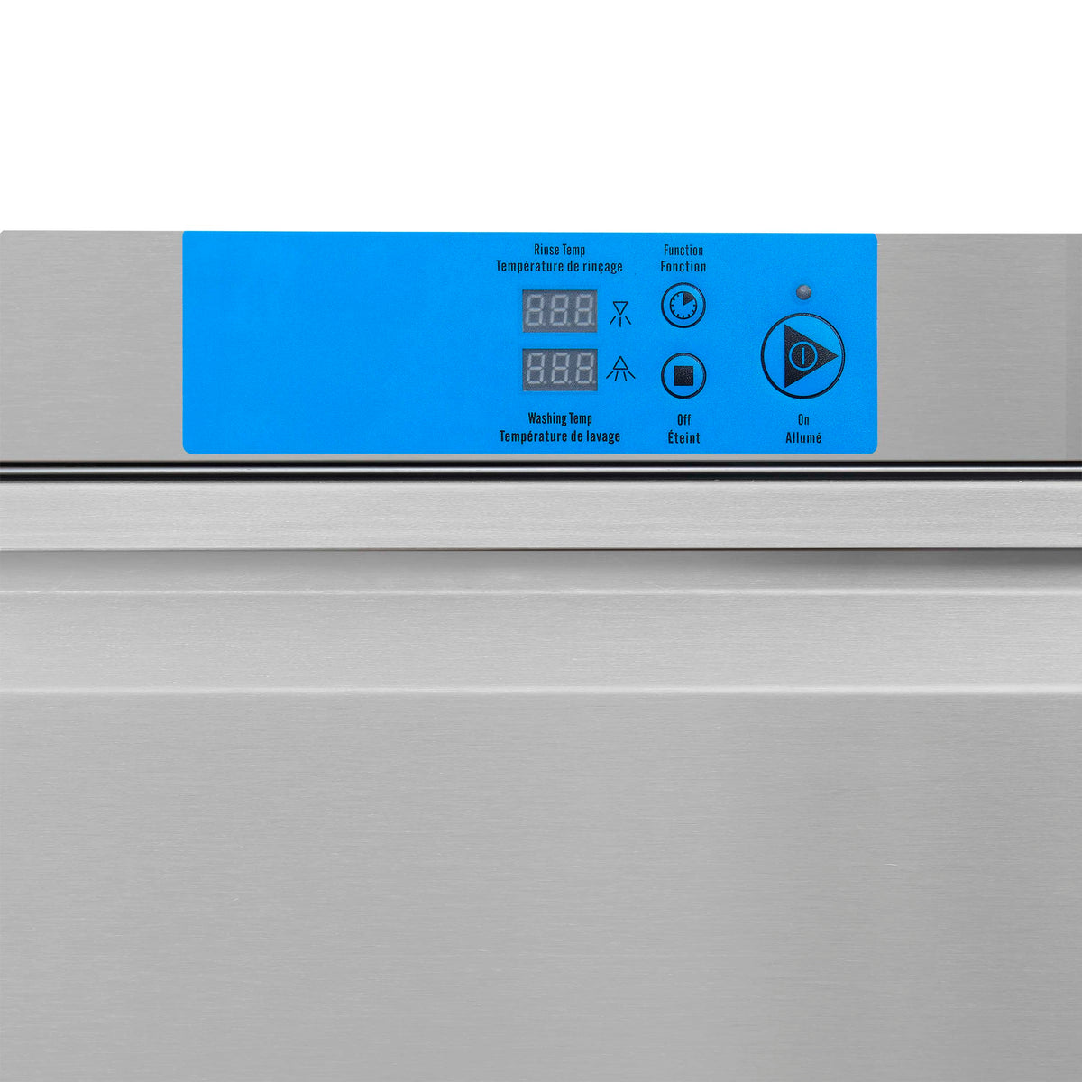 Undercounter dishwasher control panel with blue display and buttons