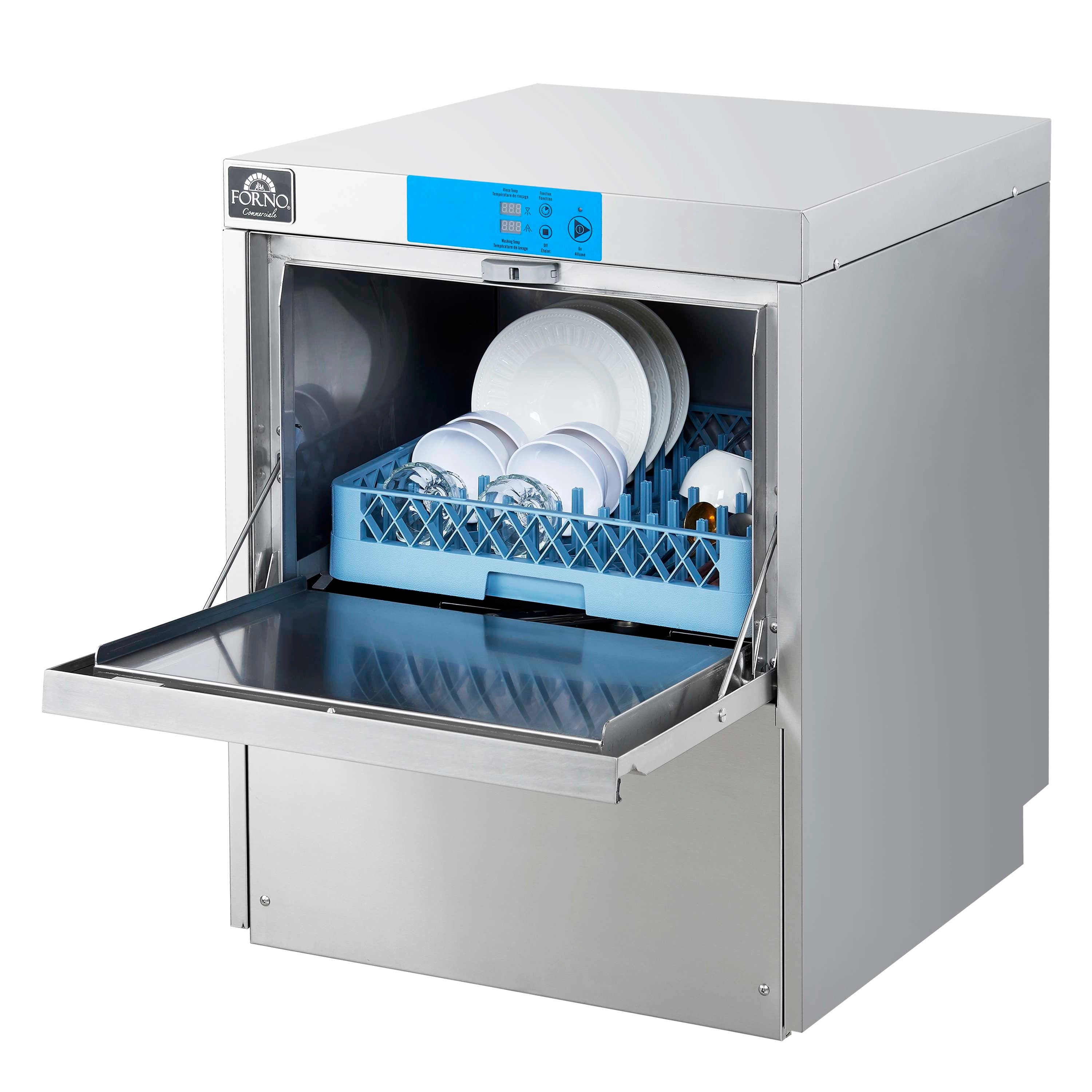 Stainless steel undercounter dishwasher open with blue rack and white dishes