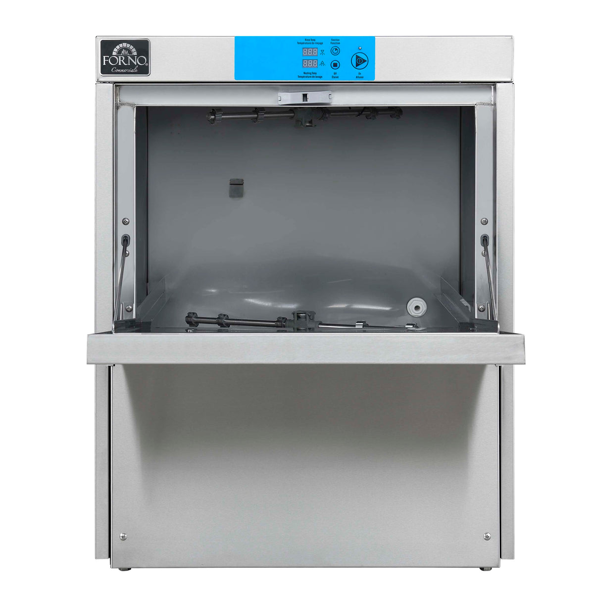 Stainless steel undercounter dishwasher open door, interior tub view