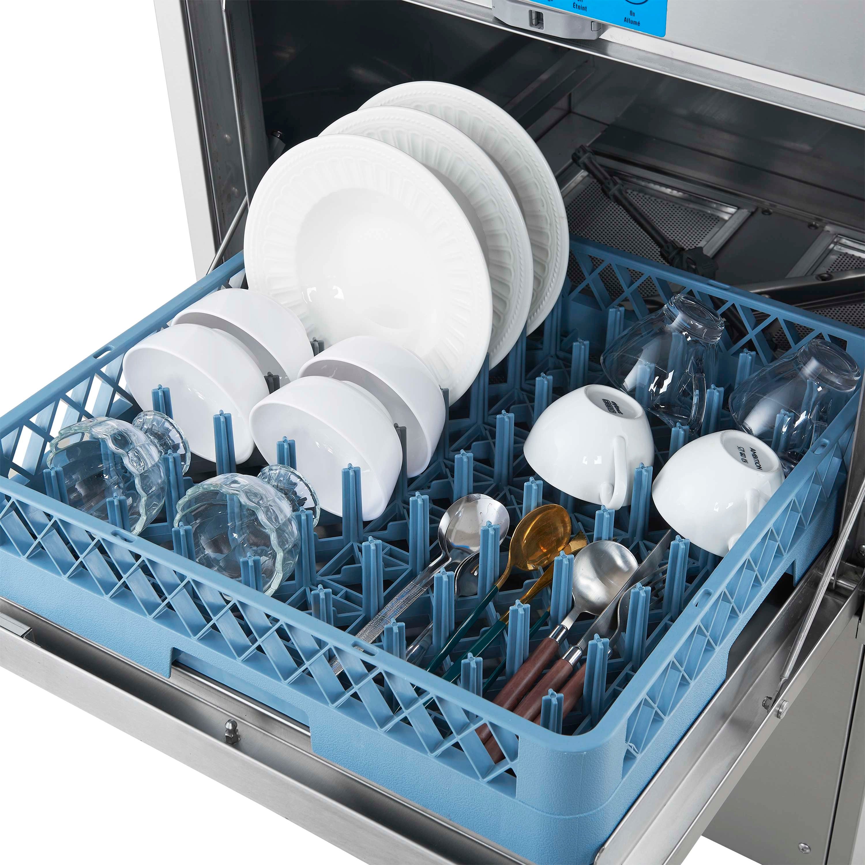 Stainless steel undercounter dishwasher interior with blue racks and dishware