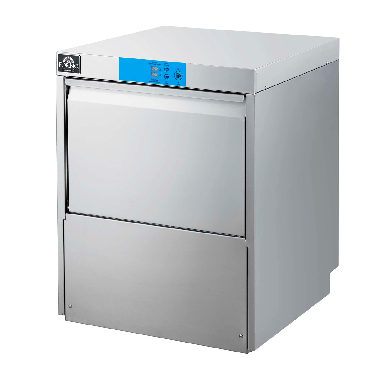 Stainless steel undercounter dishwasher with blue control panel, 3/4 view