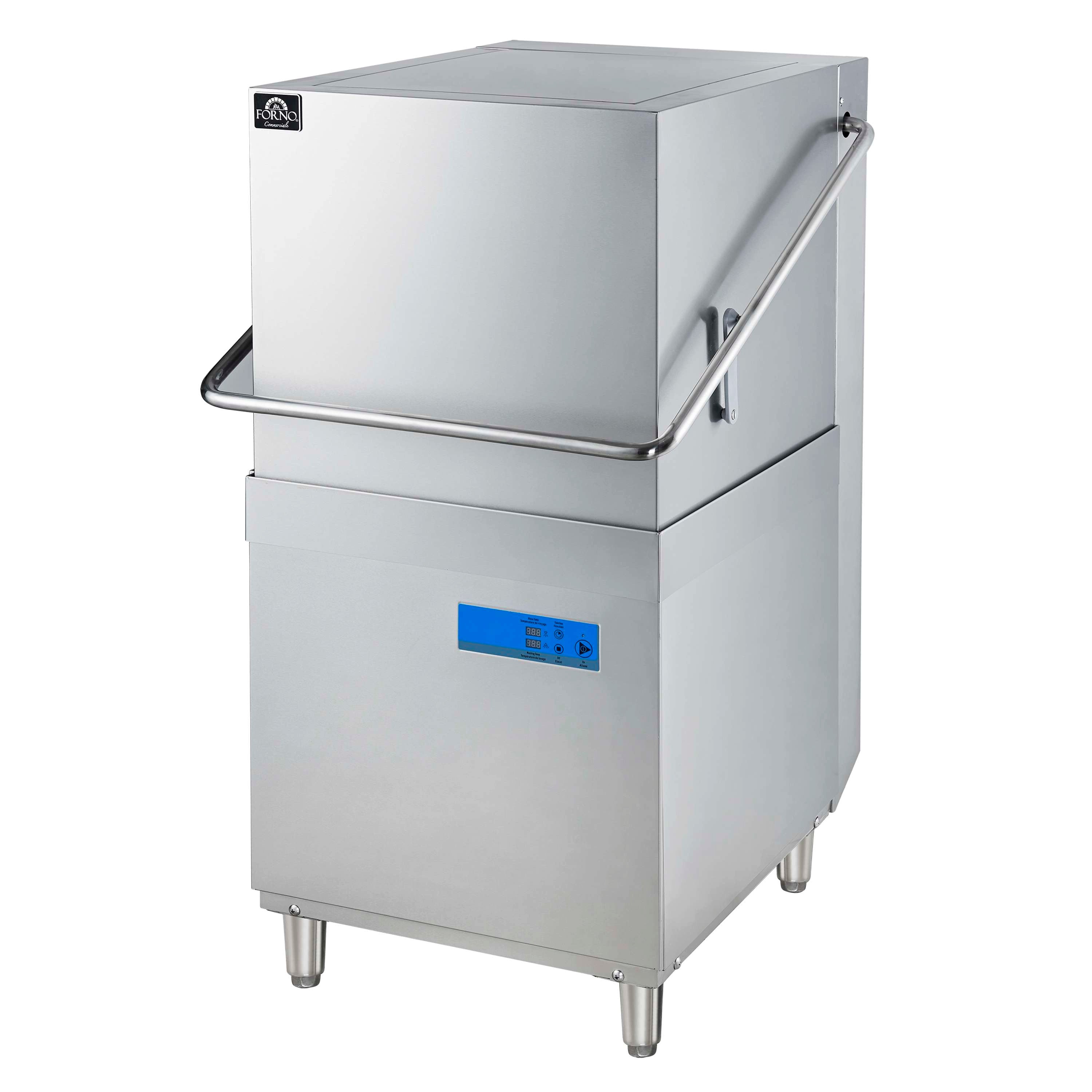 Commercial hood dishwasher with closed hood, side handle, and blue control display