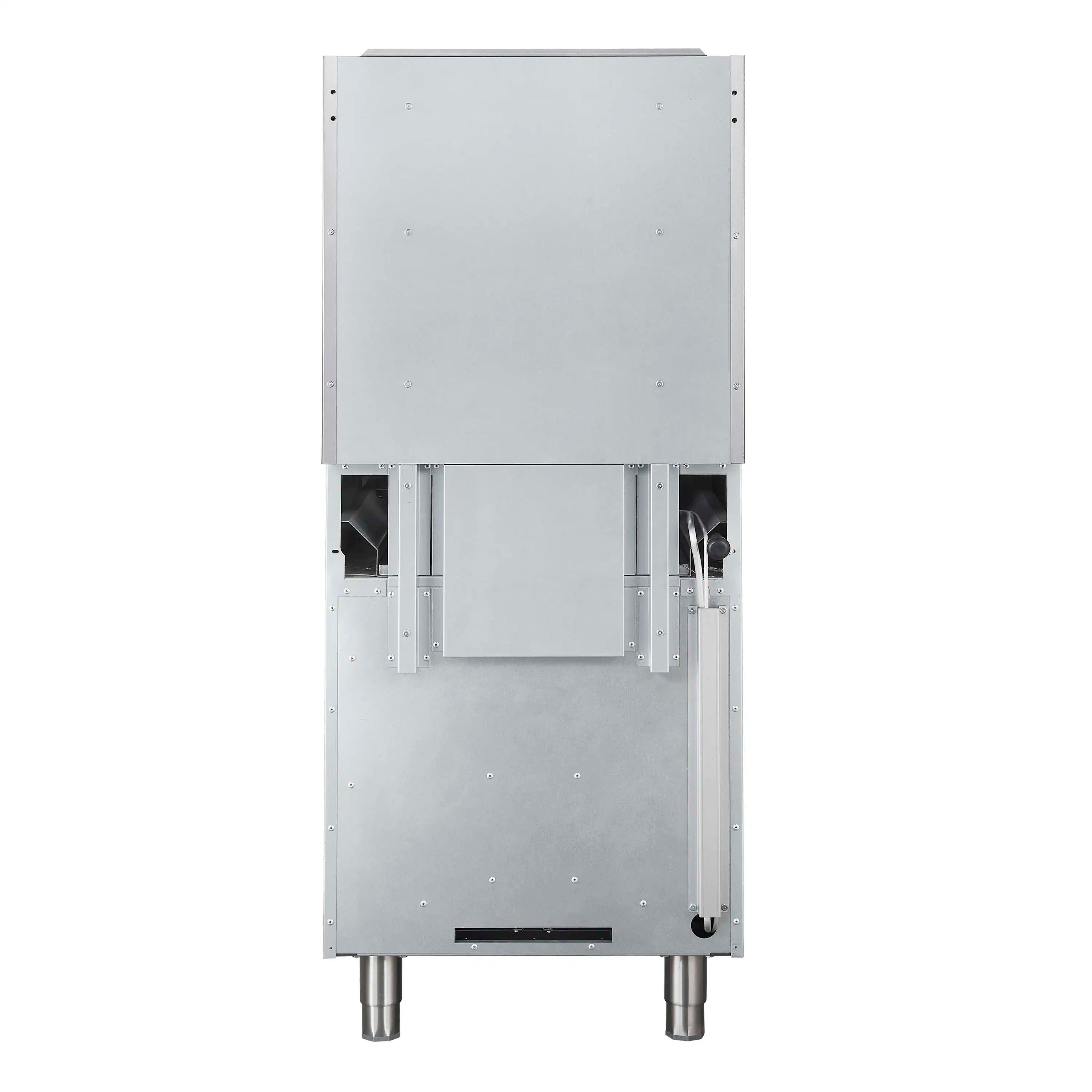 Stainless steel commercial gas range with open oven door and control knobs