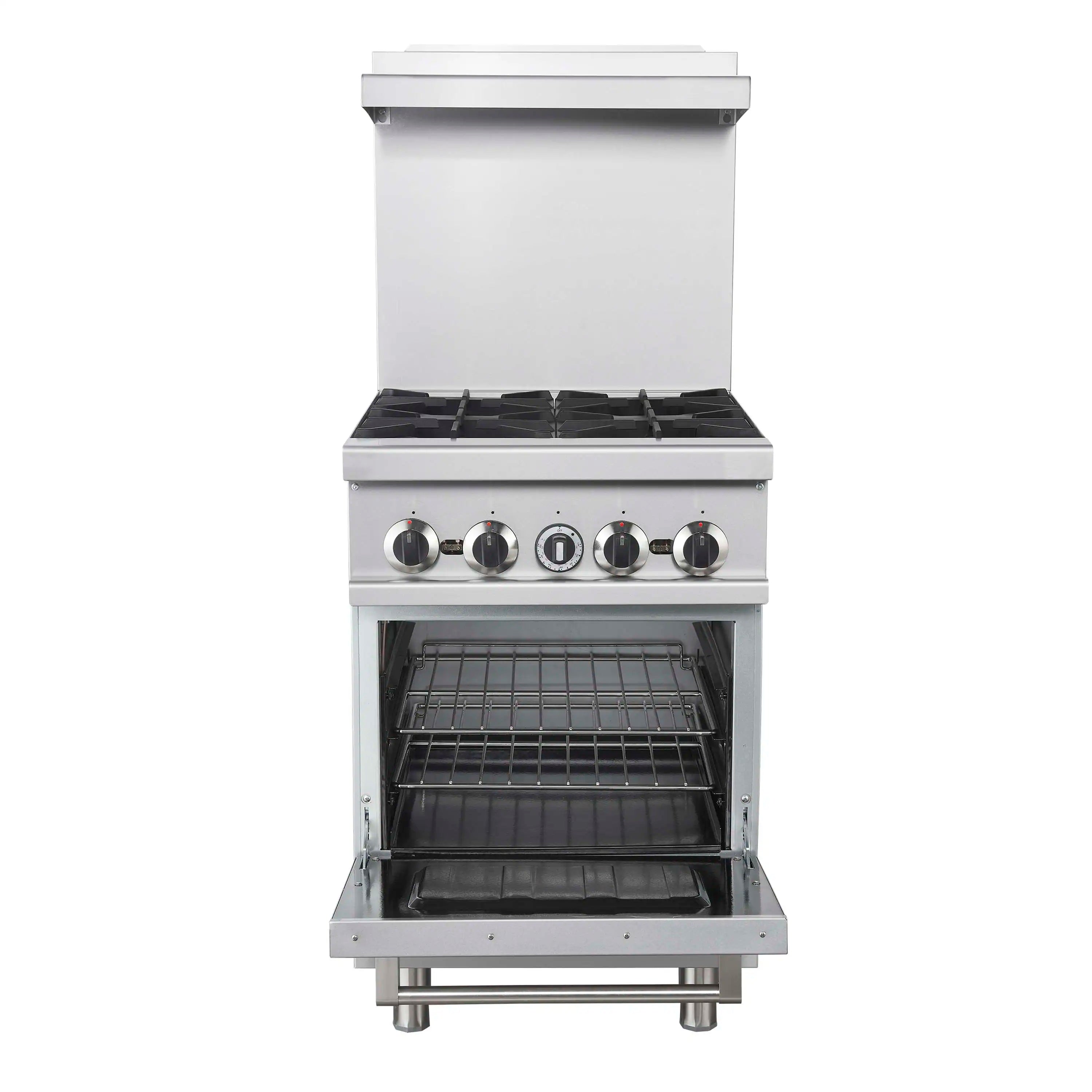 Stainless gas range with 4 burners and open oven door, showing wire racks