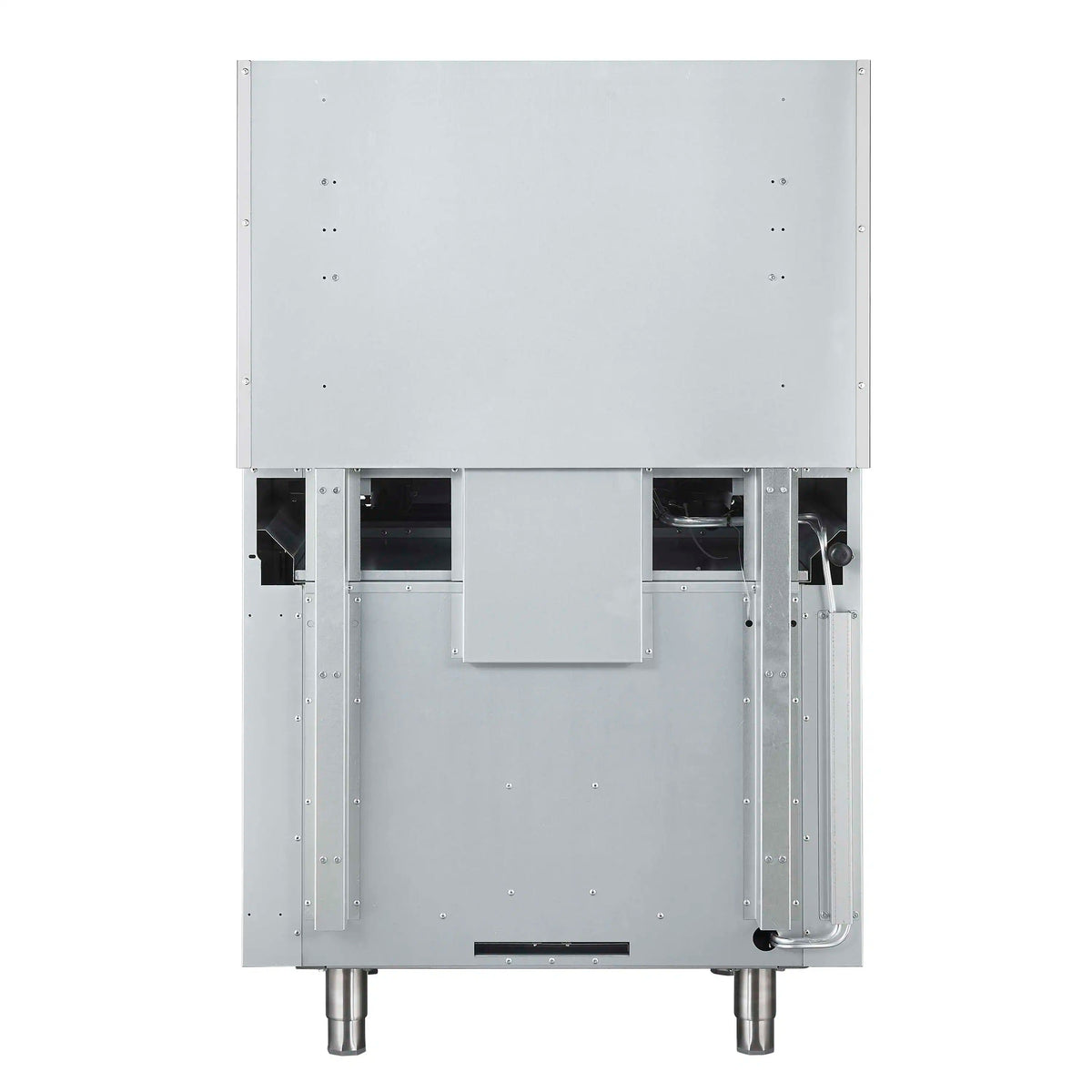 Stainless steel gas range rear view with side panels and adjustable leveling legs
