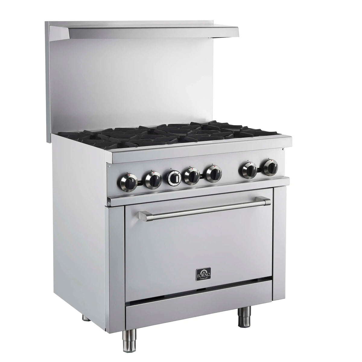 Stainless steel commercial gas range with hood open, six burners, and oven door