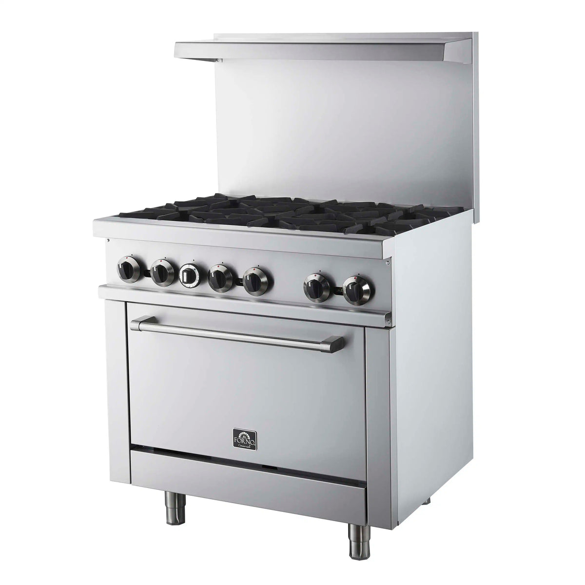 Stainless steel 36-inch commercial gas range with hood open, six burners, and oven door