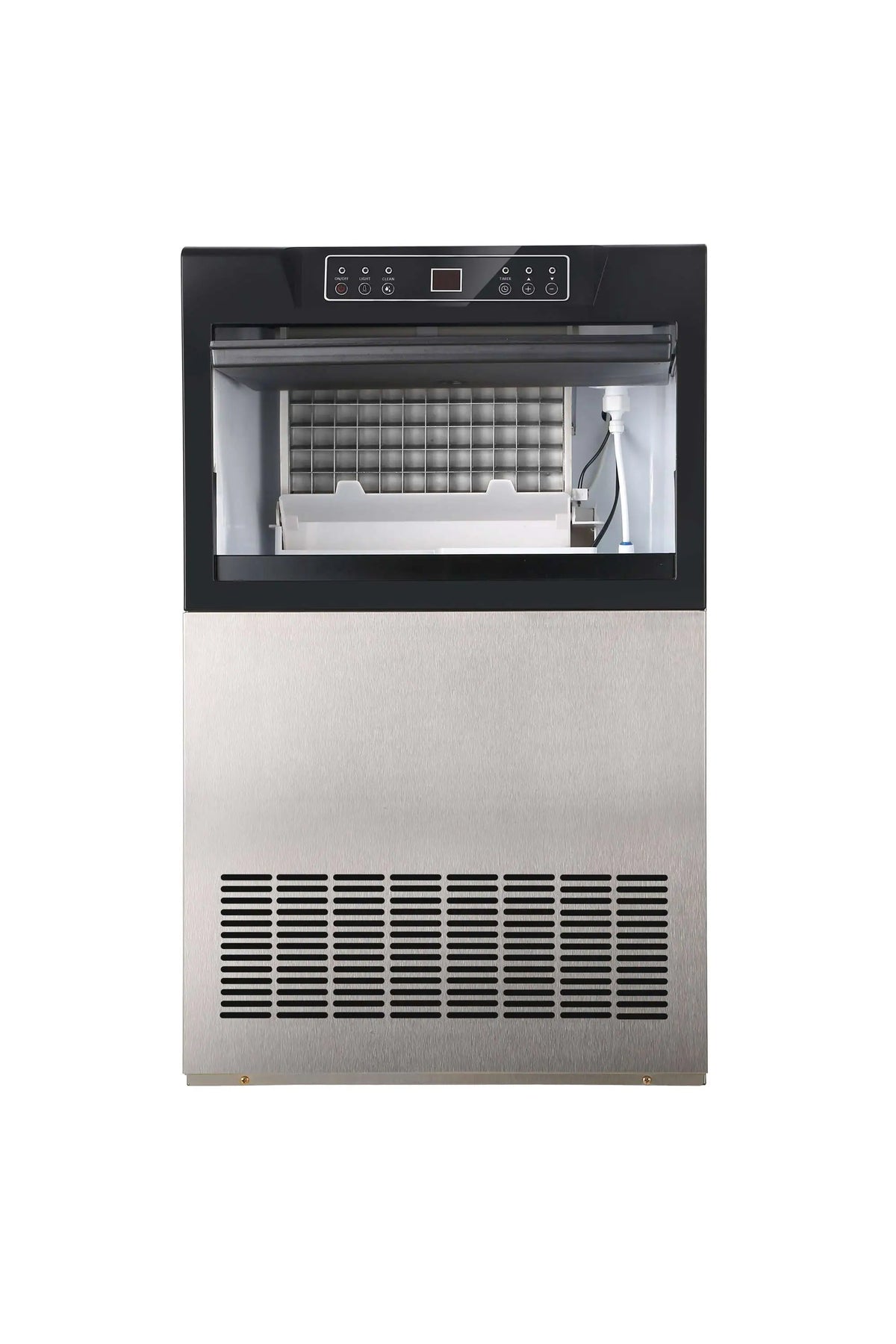 Commercial ice maker with open front window showing ice tray, black top control panel