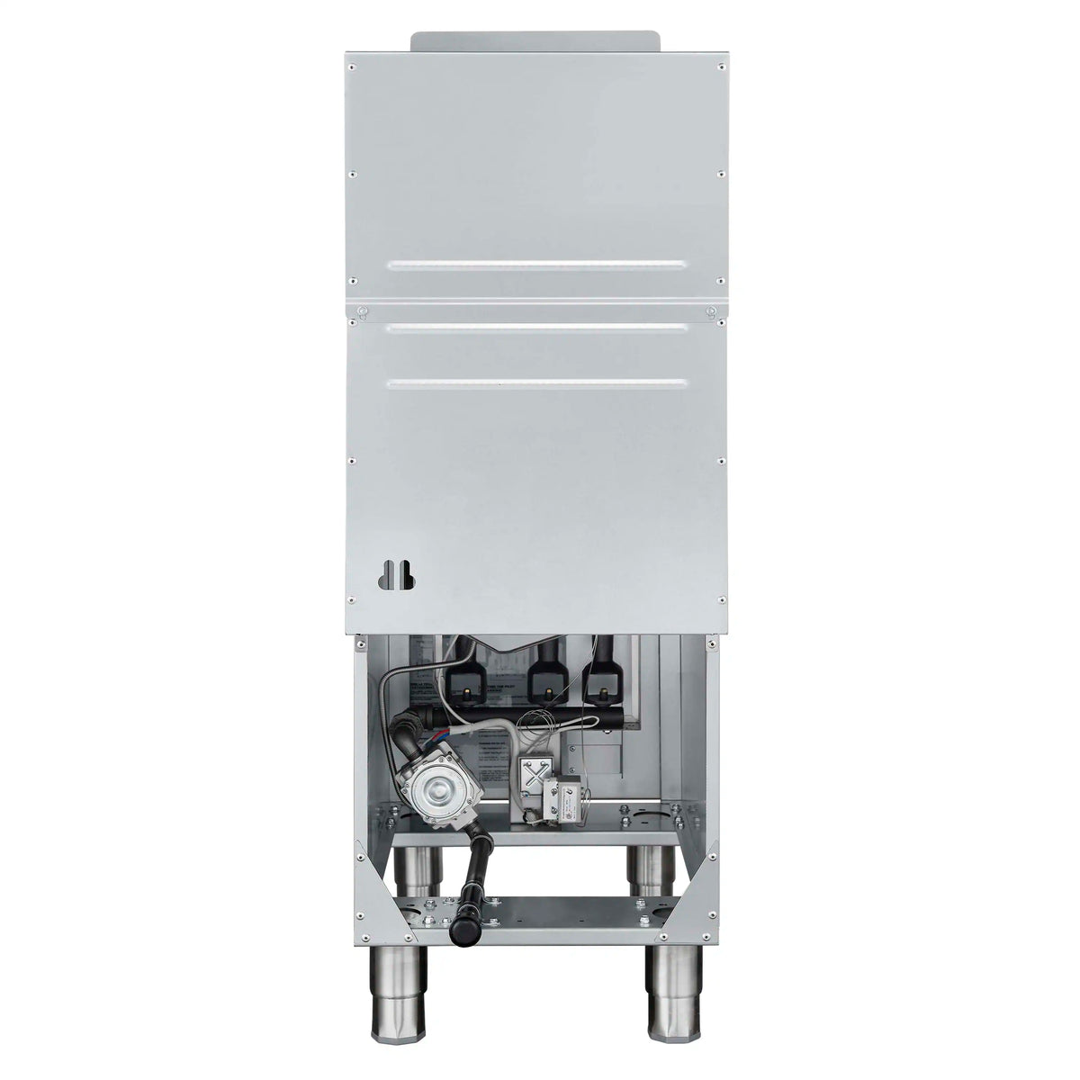 Rear service area of commercial deep fryer with exposed burners and controls behind cover