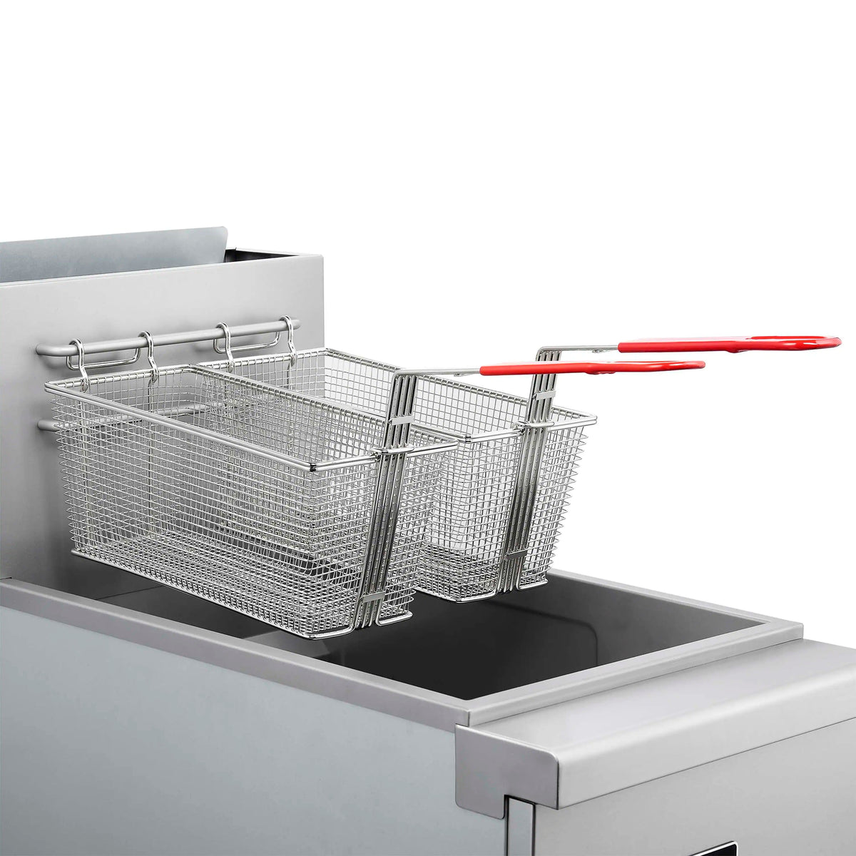 Commercial natural gas deep fryer with two wire baskets and red-handled lid tools