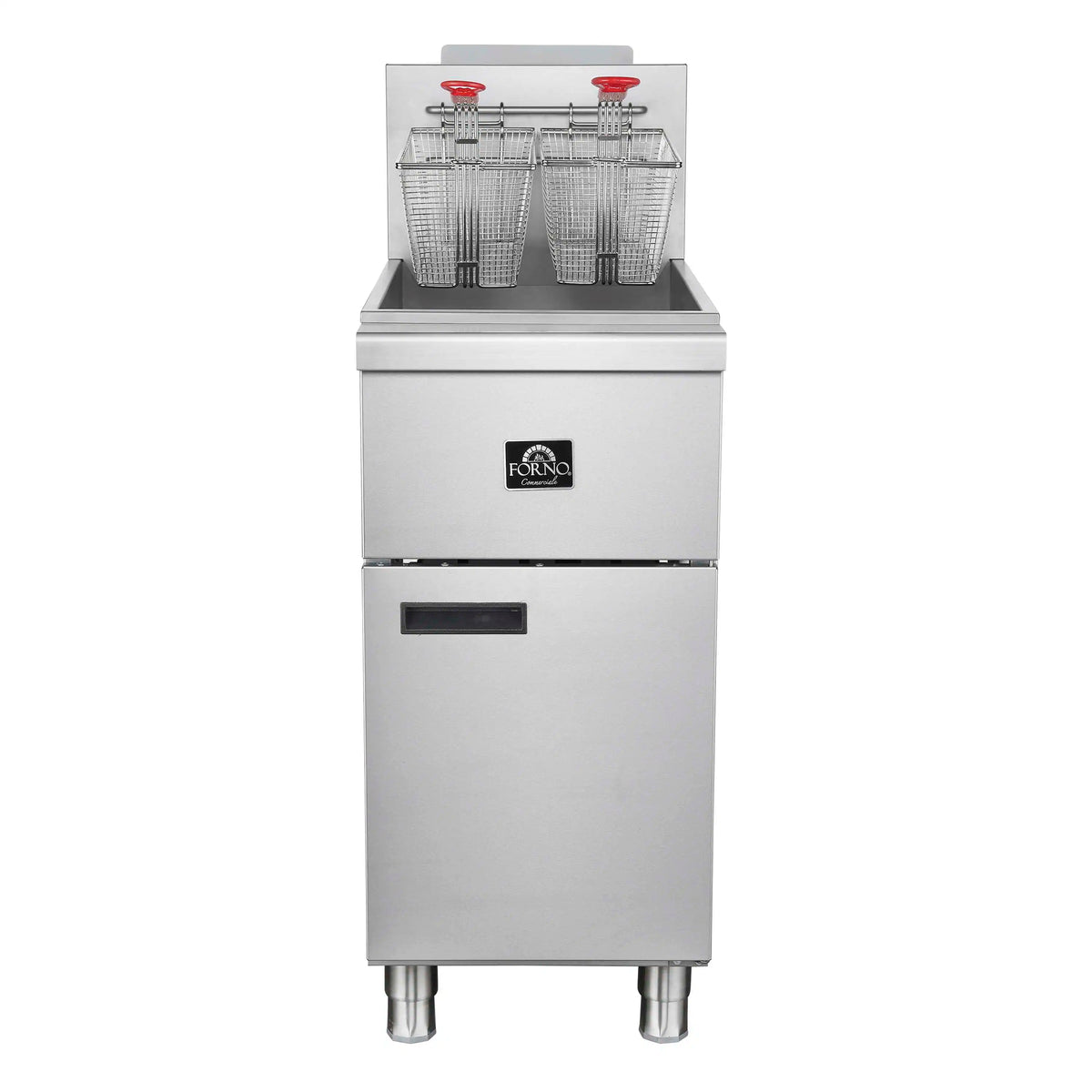 Stainless steel commercial deep fryer with three wire baskets and red control knobs