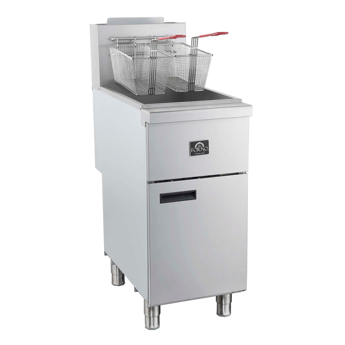 Stainless steel deep fryer with three wire baskets and red-handled fryer tools
