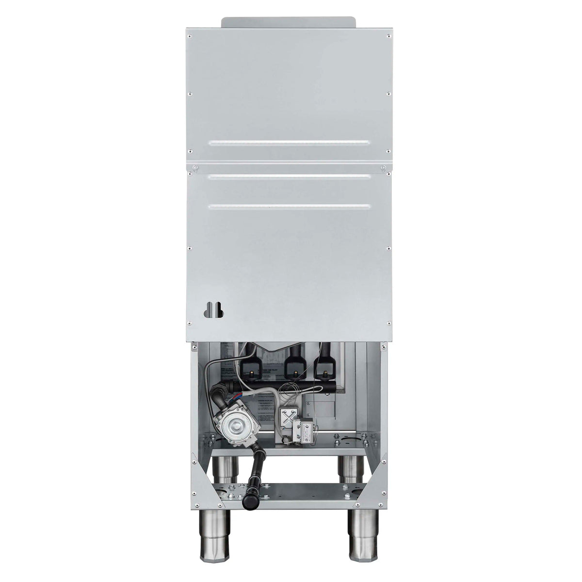 Stainless steel deep fryer rear view with back panel removed and internal components visible
