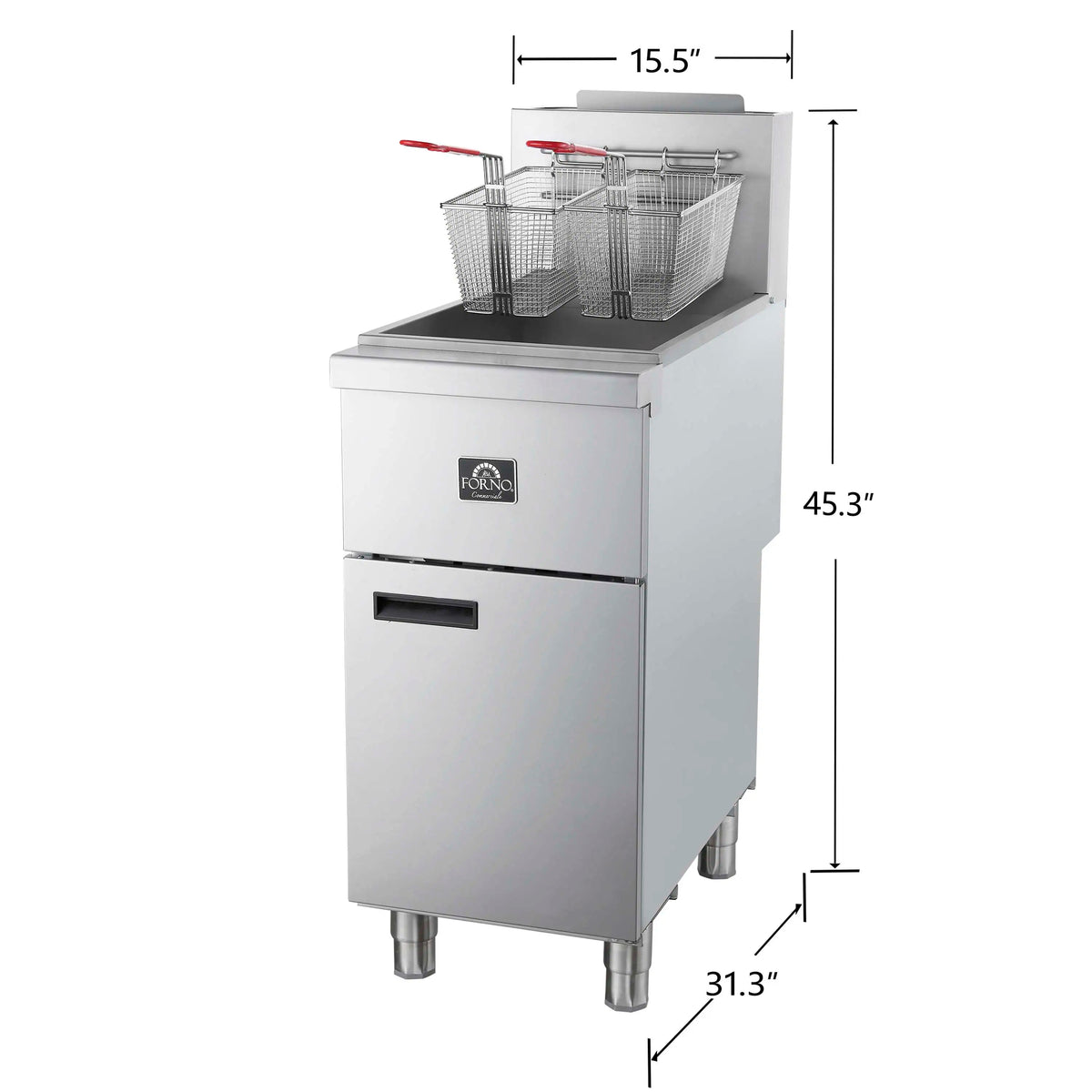 Stainless steel propane deep fryer with open top and wire baskets on front cabinet