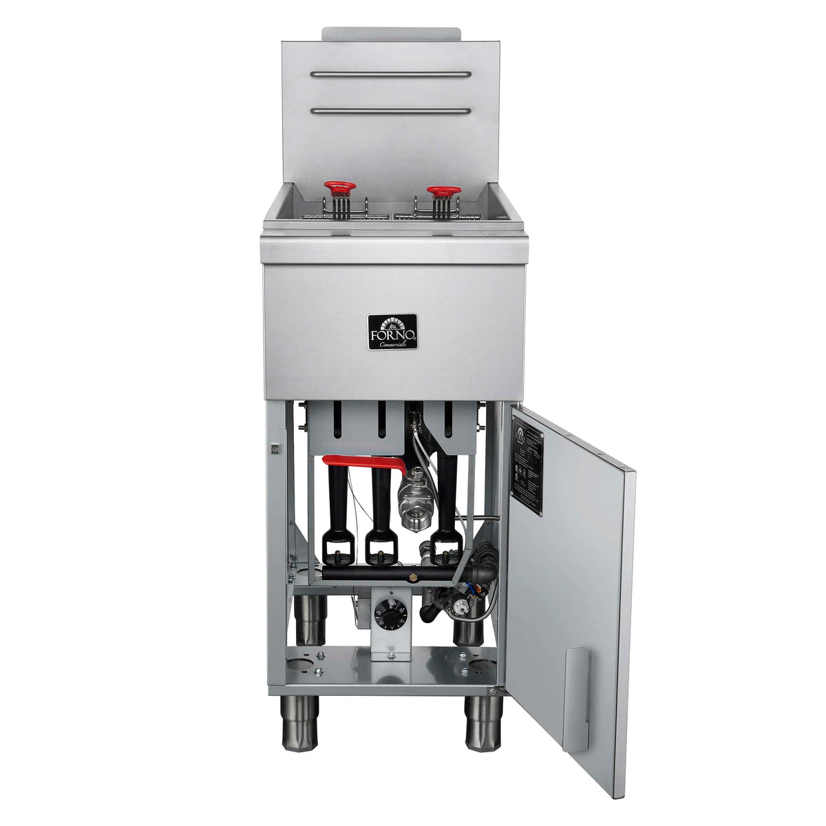 Stainless steel deep fryer with open side panel, visible gas burners and red knobs