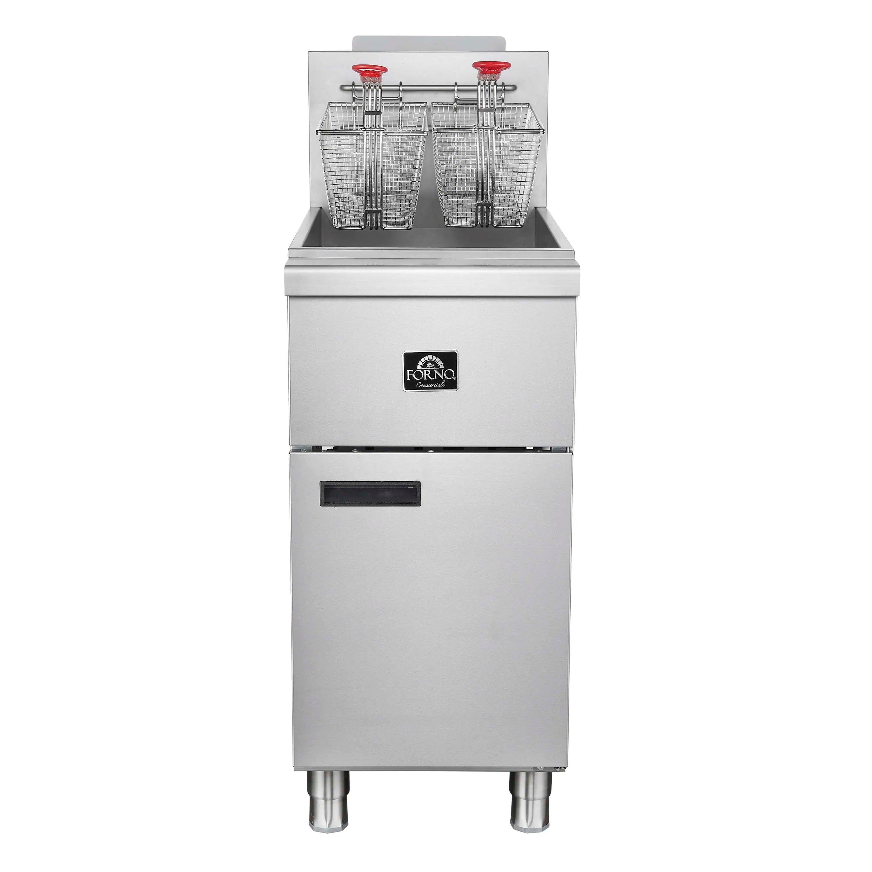 Stainless steel propane deep fryer with open lid and three wire fryer baskets
