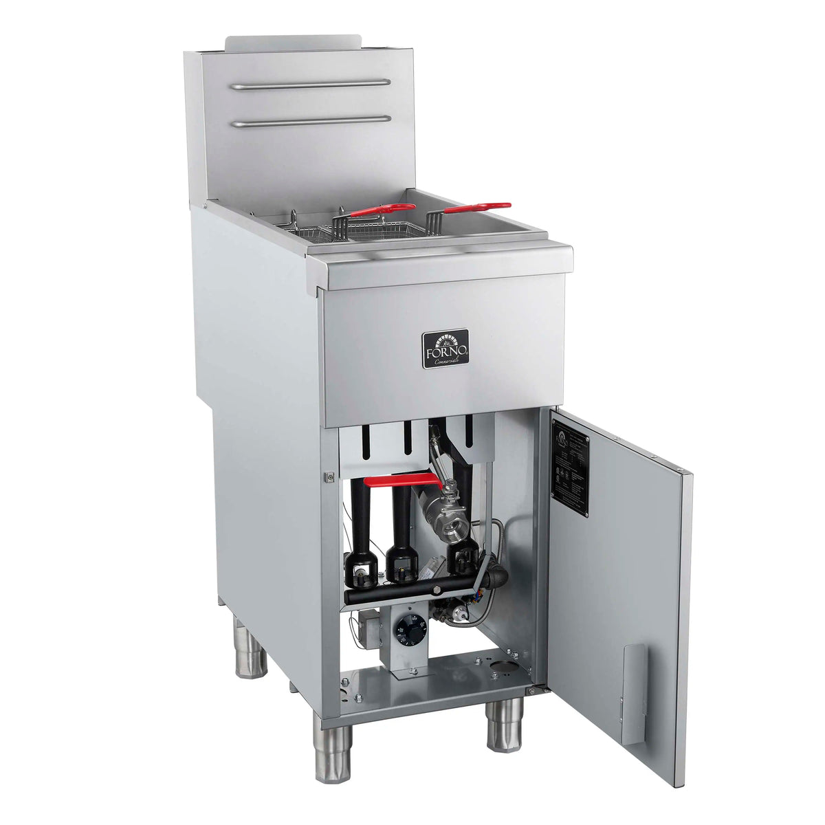 Stainless steel deep fryer with open compartment showing gas controls and red accents