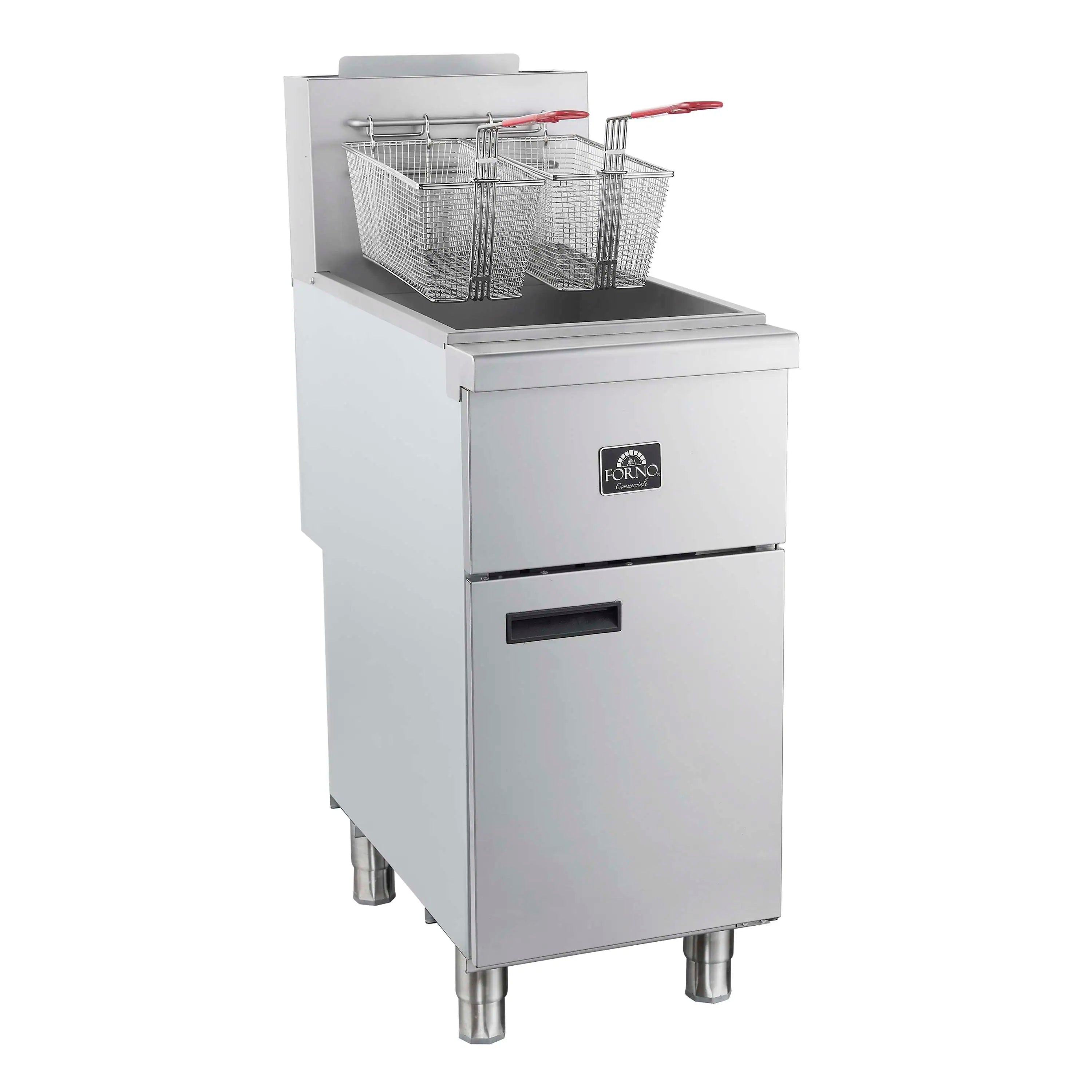 Stainless steel propane deep fryer with open top and wire baskets with red handles