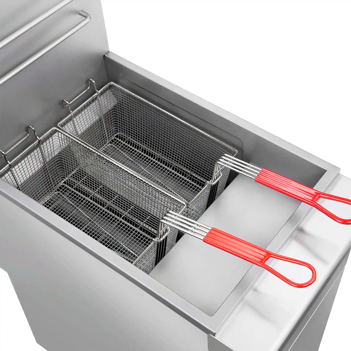 Stainless steel deep fryer tank with two wire baskets and red lifting handles